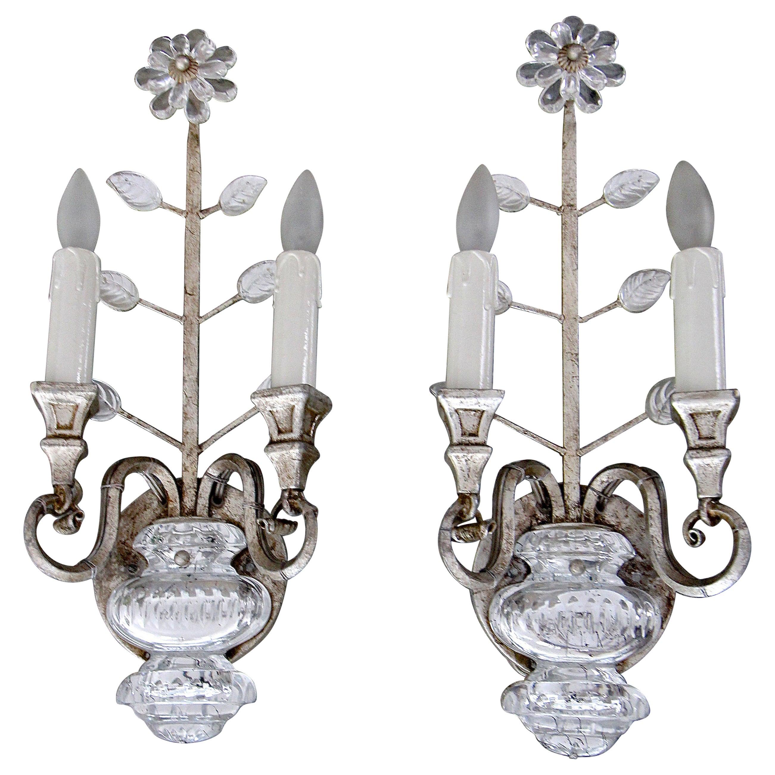 Pair of Banci Crystal Silver Gilt Flower Wall Sconces