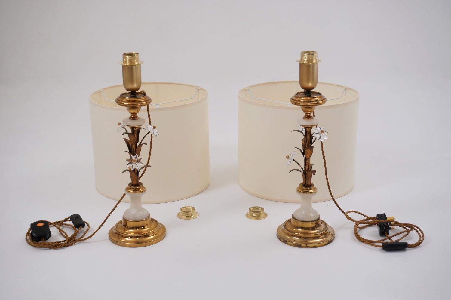 Pair of Banci Firenze Florentine Tole Gold Gilt Table Lamps, Crystal & Alabaster For Sale 3