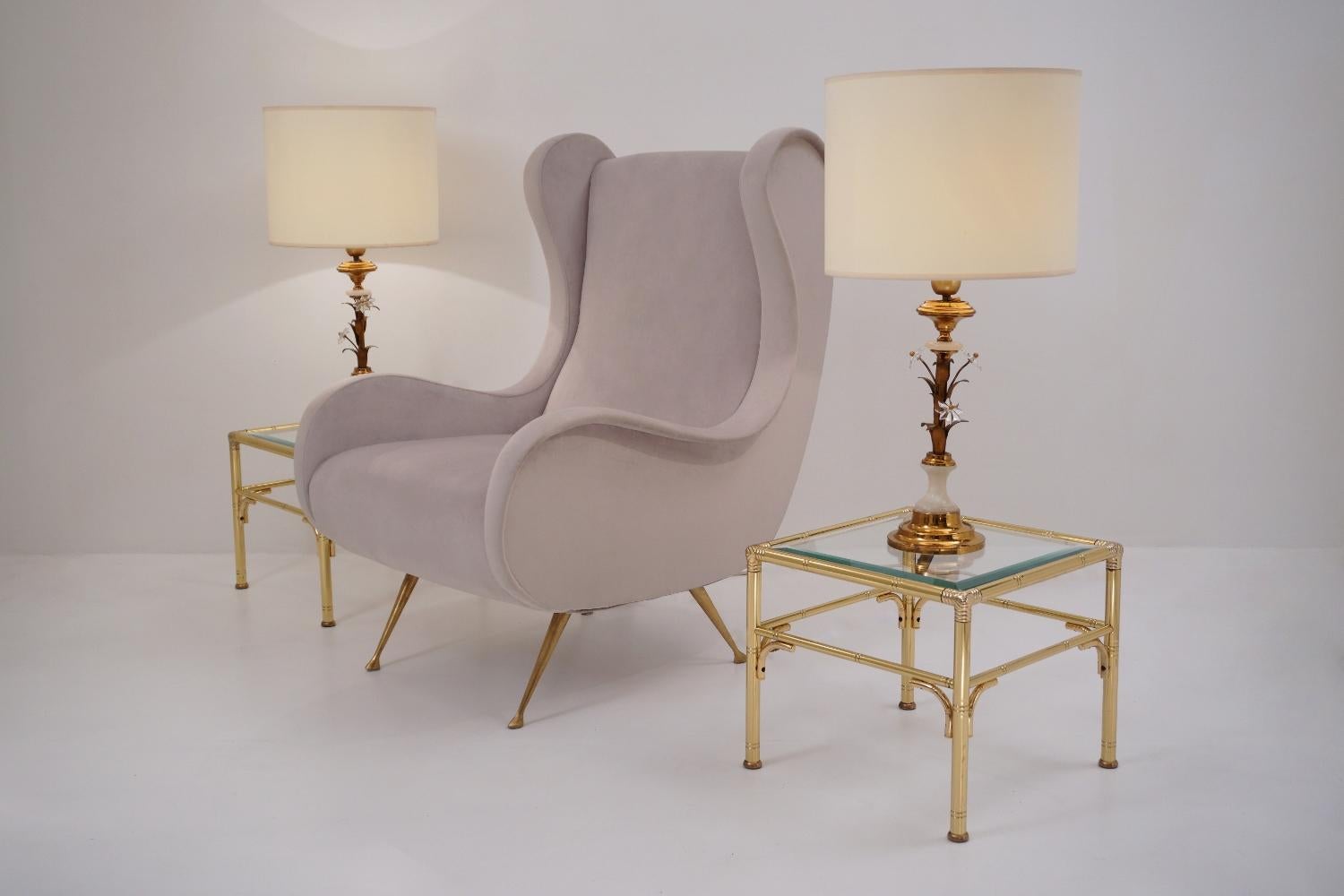 Italian Pair of Banci Firenze Florentine Tole Gold Gilt Table Lamps, Crystal & Alabaster For Sale