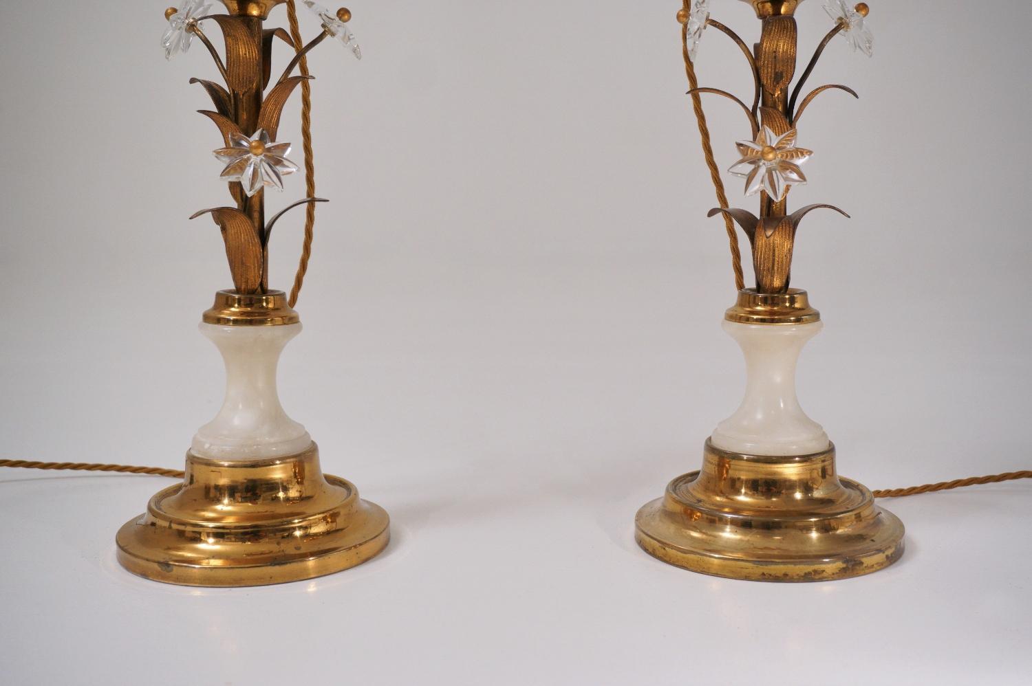 Mid-20th Century Pair of Banci Firenze Florentine Tole Gold Gilt Table Lamps, Crystal & Alabaster For Sale