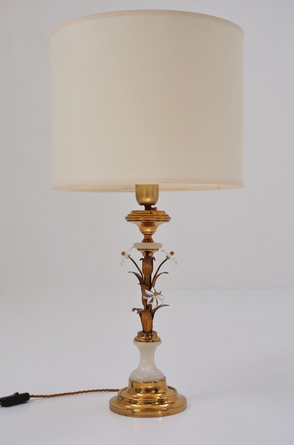 Gold Plate Pair of Banci Firenze Florentine Tole Gold Gilt Table Lamps, Crystal & Alabaster For Sale