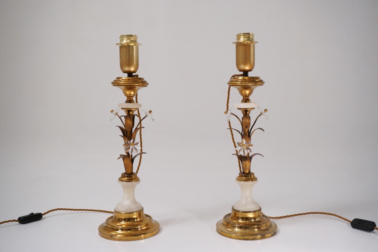 Pair of Banci Firenze Florentine Tole Gold Gilt Table Lamps, Crystal & Alabaster For Sale 2