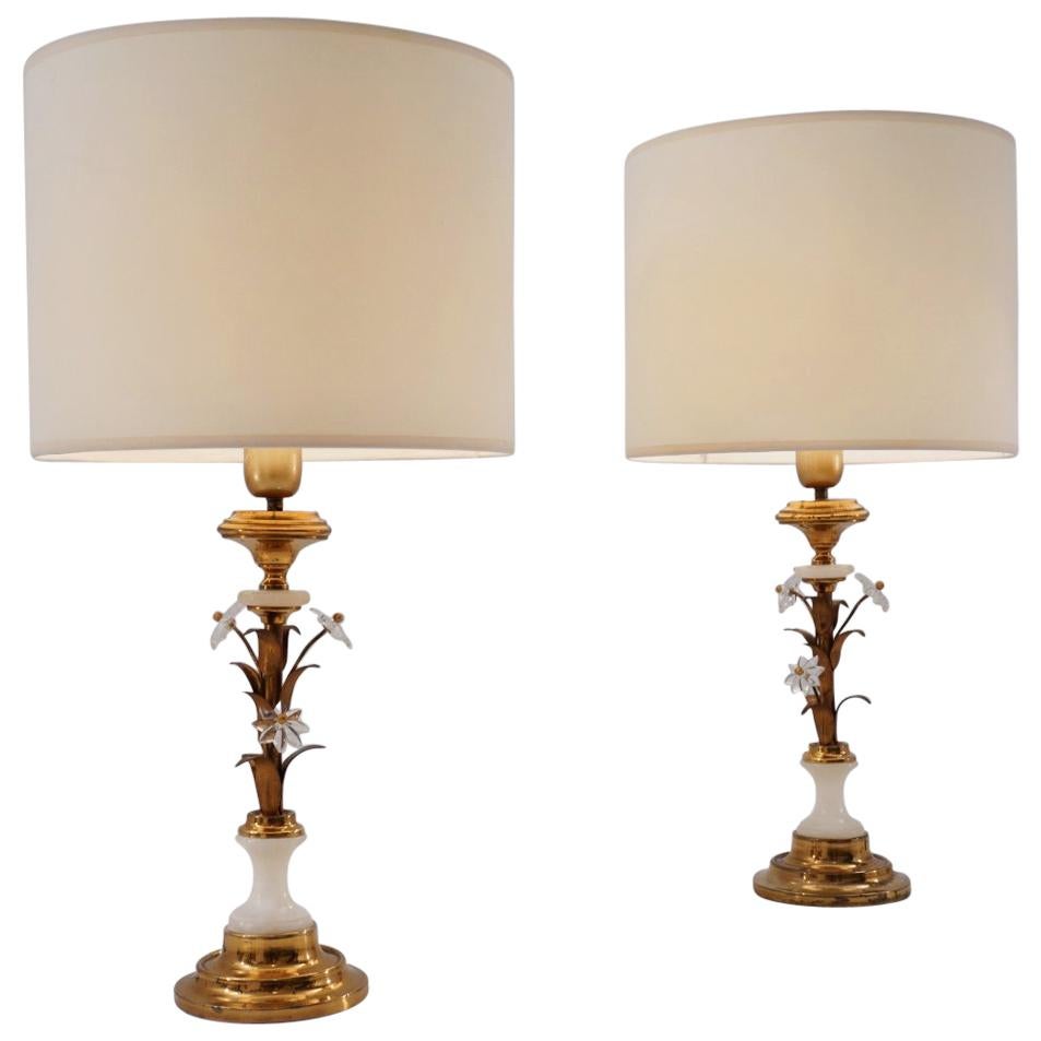 Pair of Banci Firenze Florentine Tole Gold Gilt Table Lamps, Crystal & Alabaster For Sale