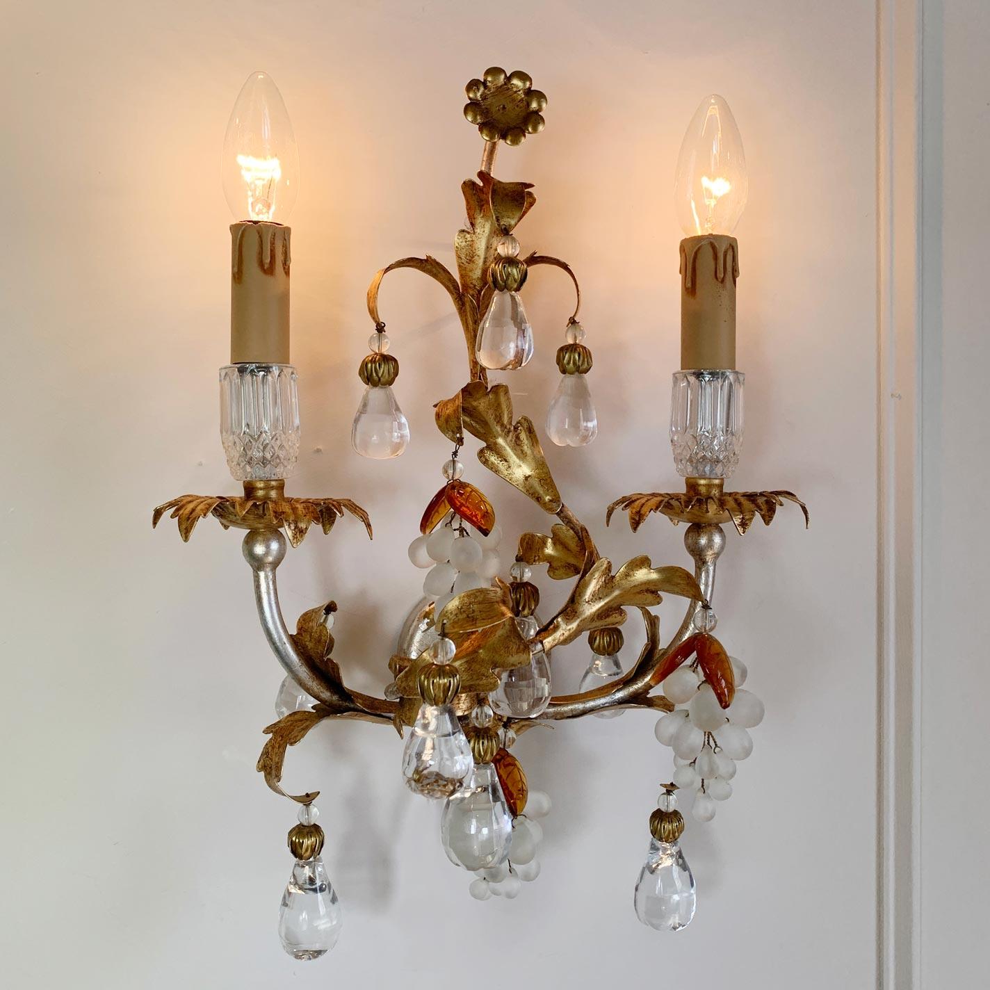 Pair of Banci Firenze Gold Crystal Grape and Pear Wall Lights For Sale 3