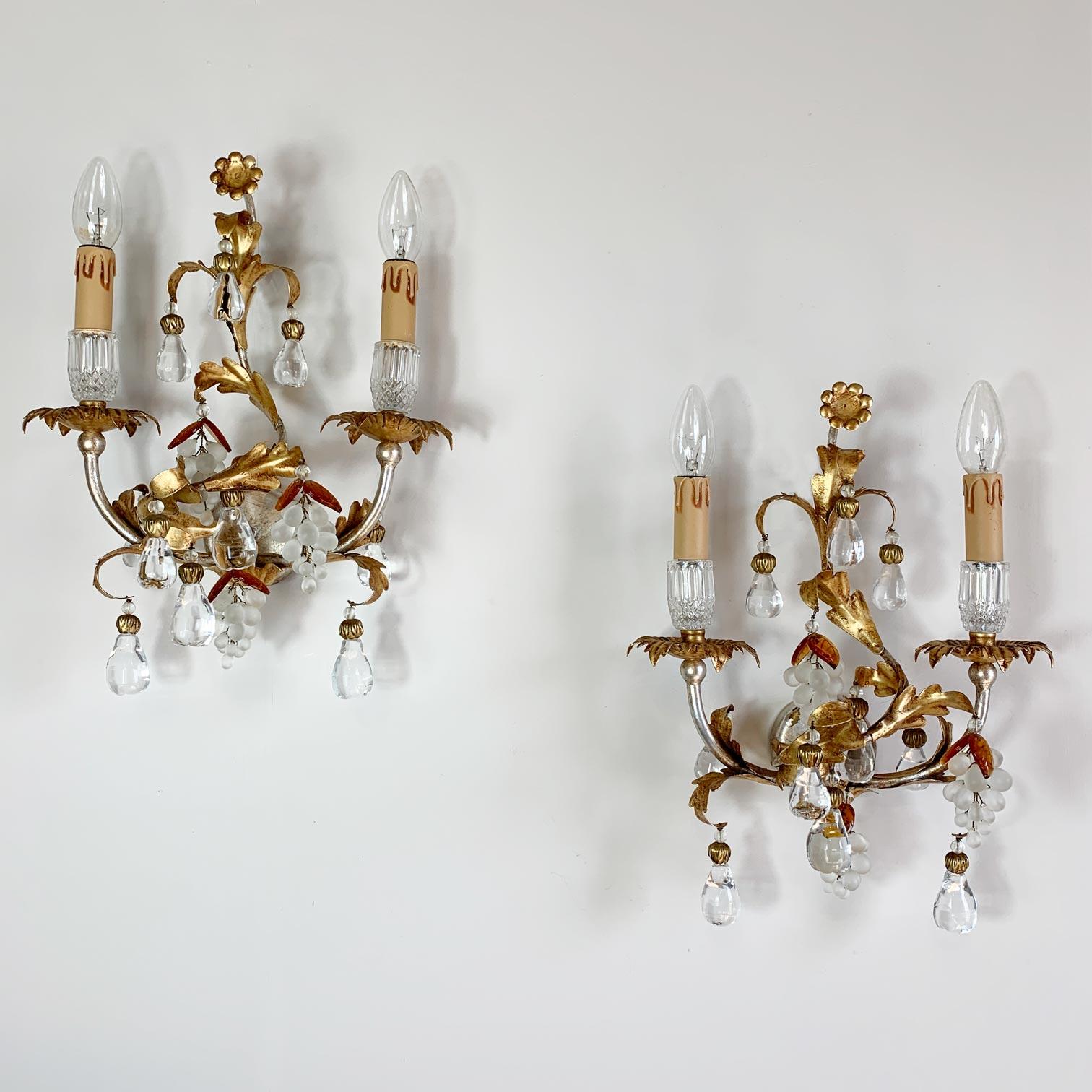 An exceptional pair of Banci Firenze, Italian wall lights, hand crafted gilt iron work, resplendent with crystal Grape and Pear decorative elements. Each light has two lamp holders, each sat upon a crystal cup, they take E14 (small screw in) light