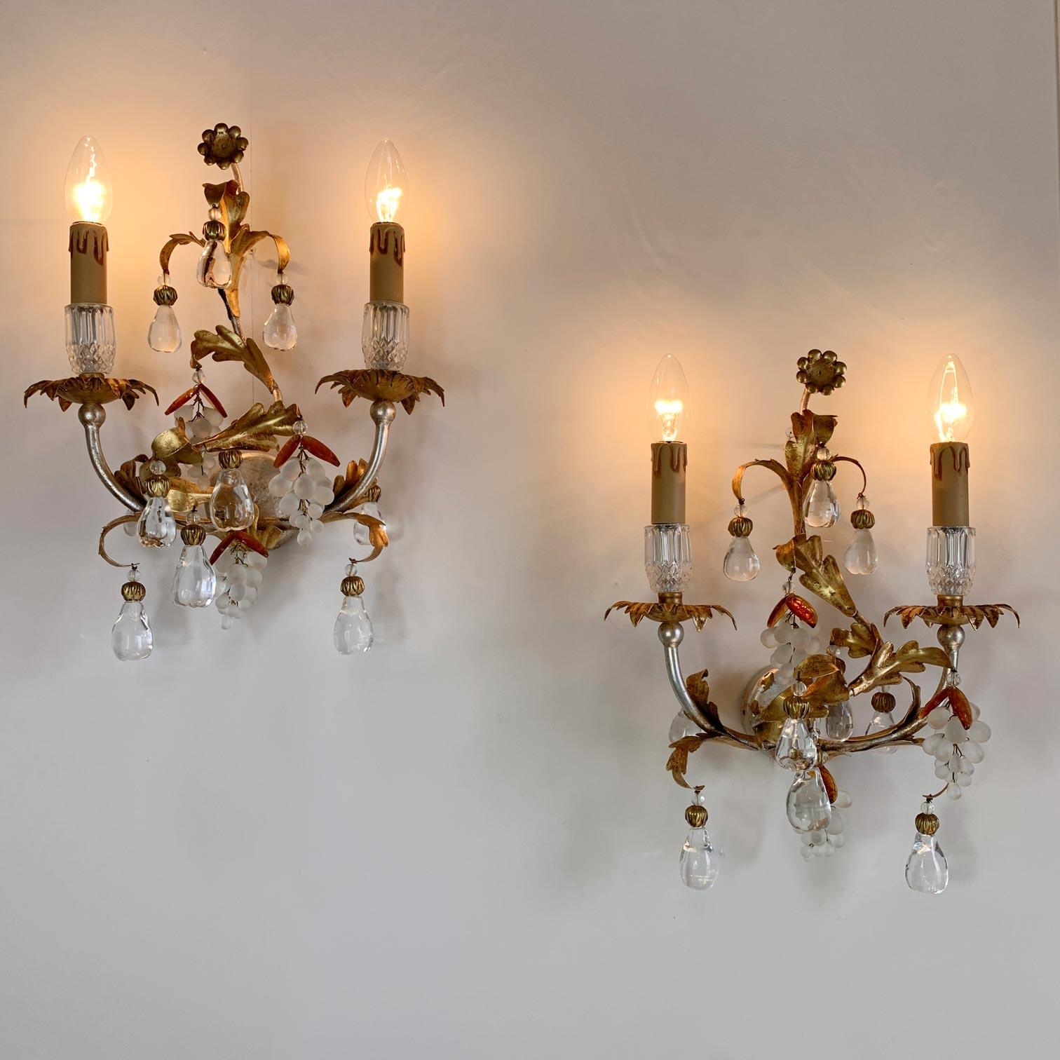 Italian Pair of Banci Firenze Gold Crystal Grape and Pear Wall Lights For Sale