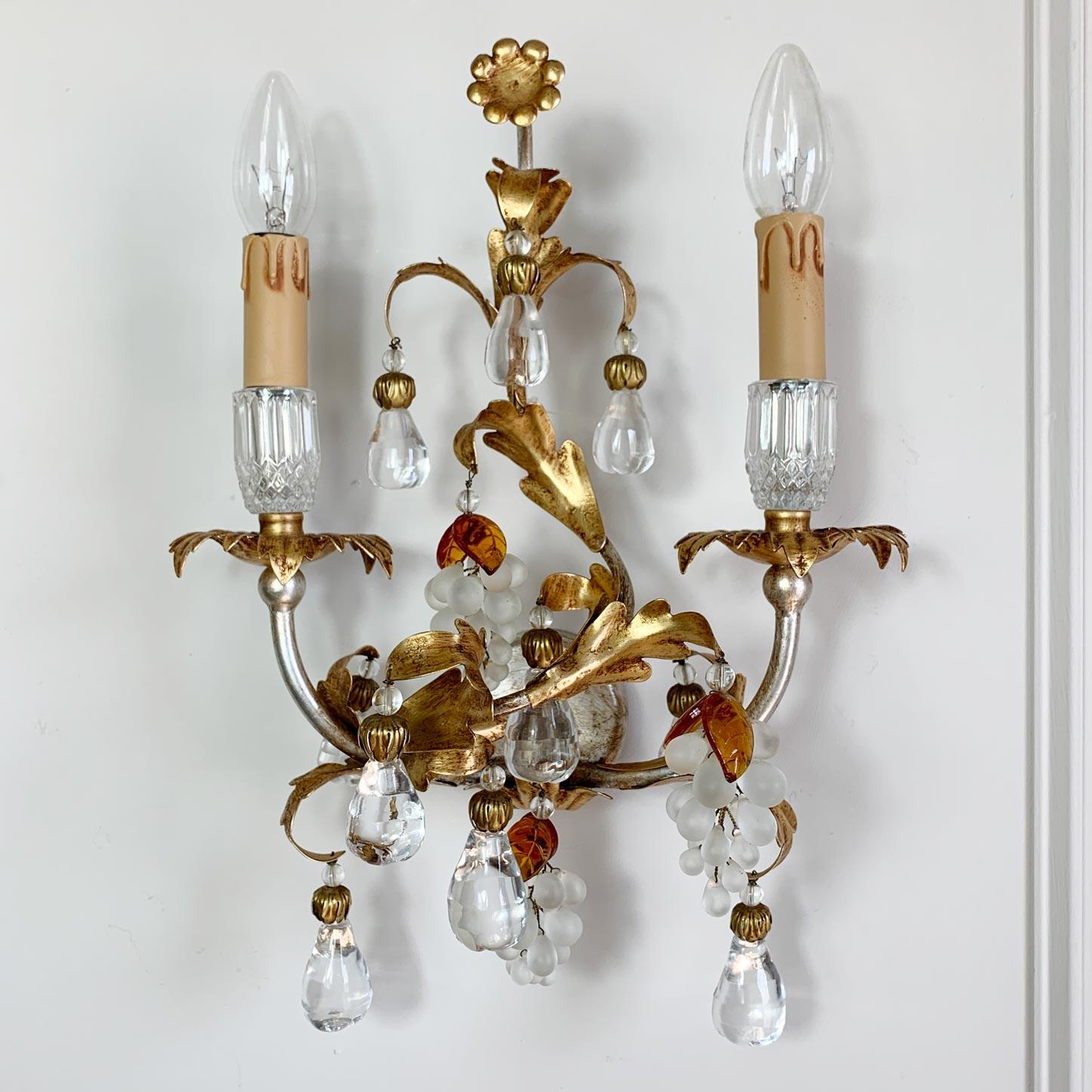 Pair of Banci Firenze Gold Crystal Grape and Pear Wall Lights In Good Condition For Sale In Hastings, GB