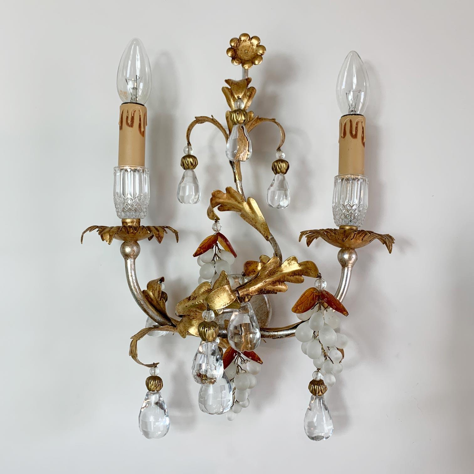 Pair of Banci Firenze Gold Crystal Grape and Pear Wall Lights For Sale 1