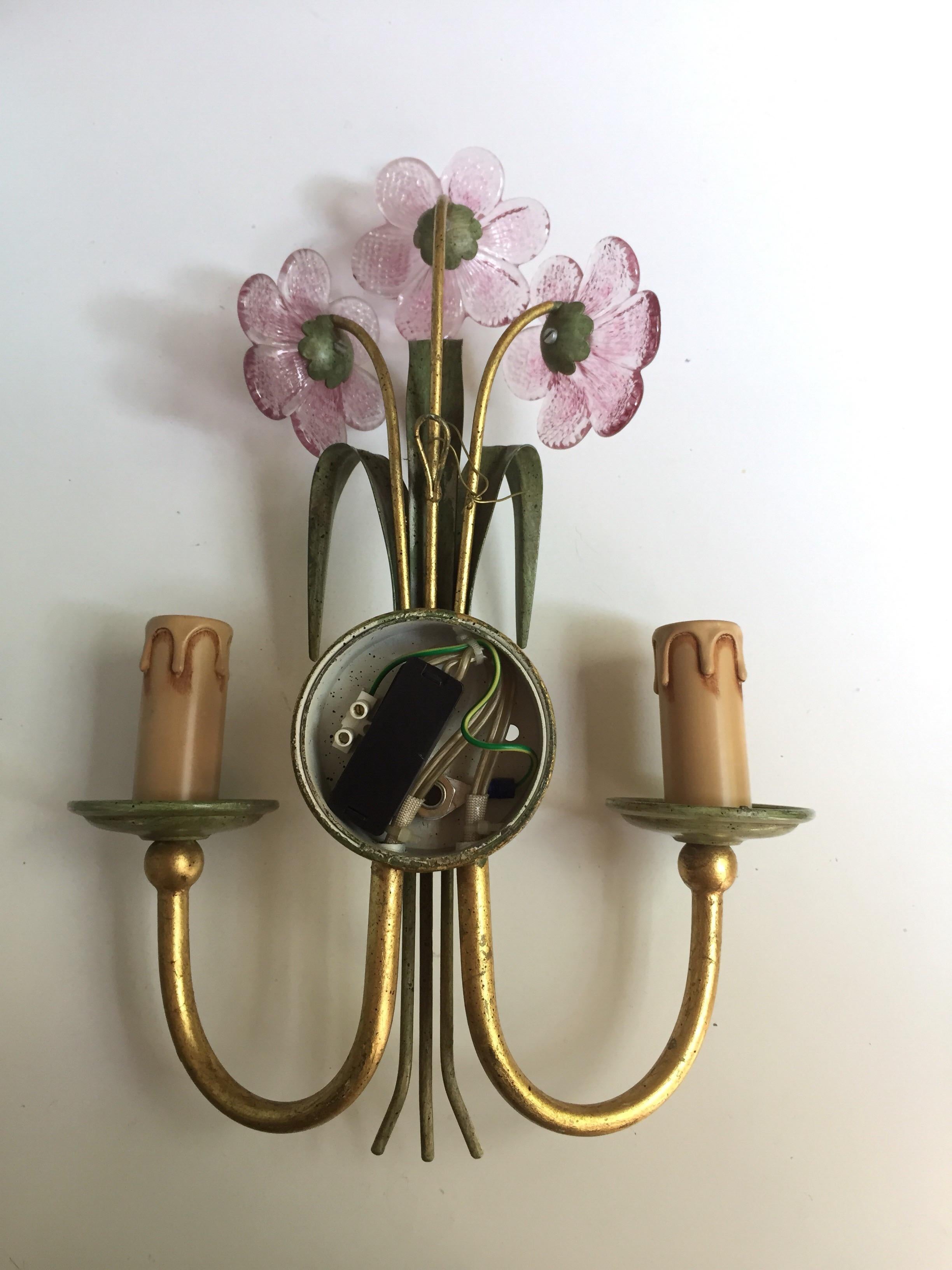 Pair of Banci Firenze Sconces Green Iron Gilt Arms and Pink Crystal Flowers 1980 8
