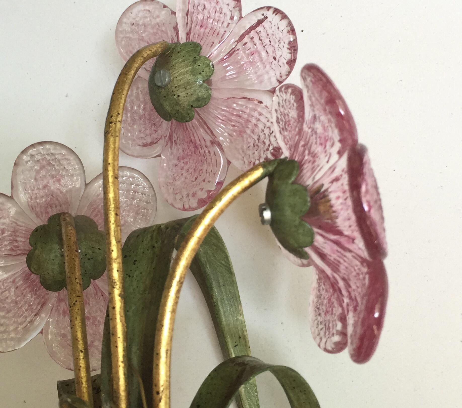 Pair of Banci Firenze Sconces Green Iron Gilt Arms and Pink Crystal Flowers 1980 10