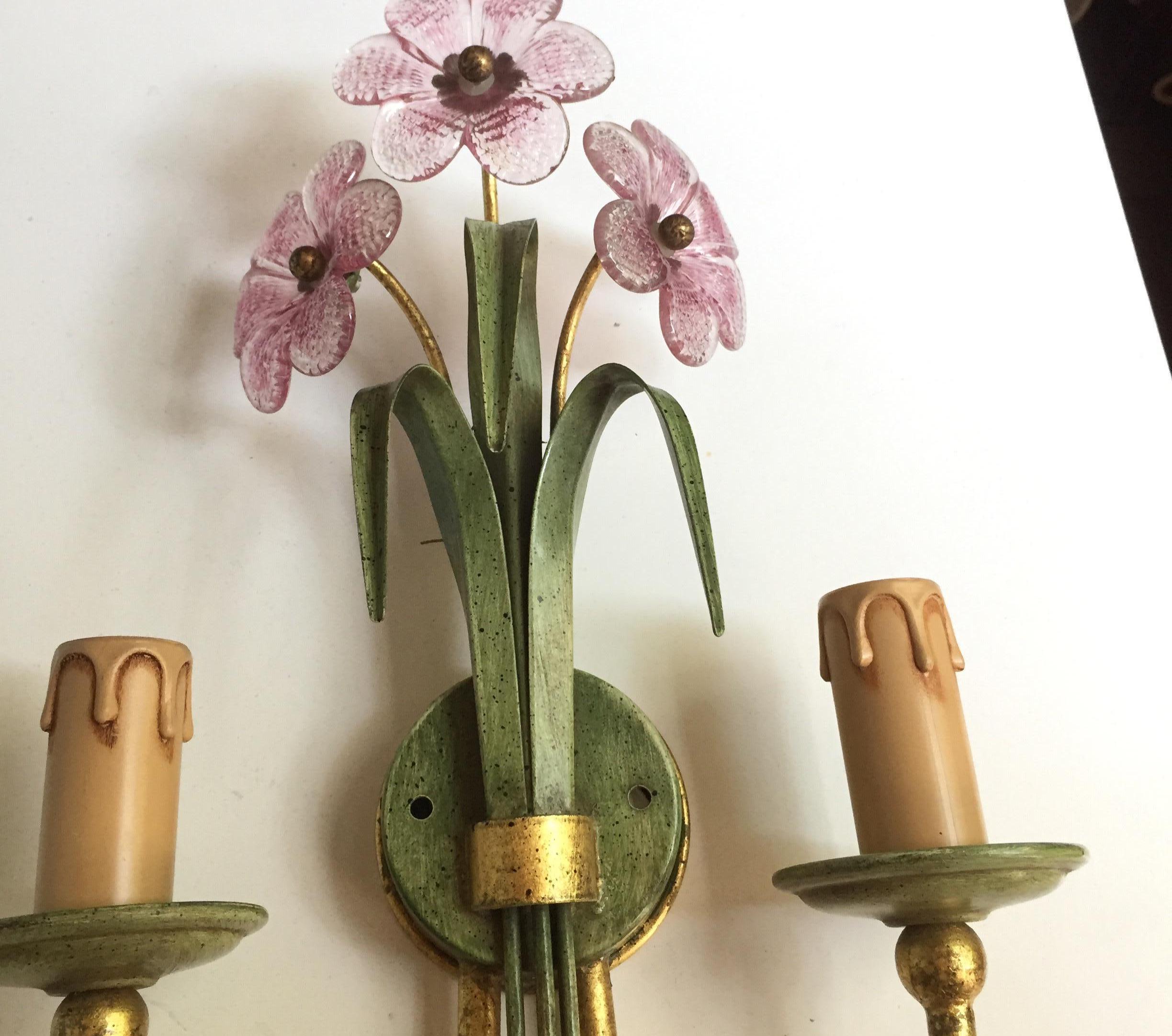 20th Century Pair of Banci Firenze Sconces Green Iron Gilt Arms and Pink Crystal Flowers 1980