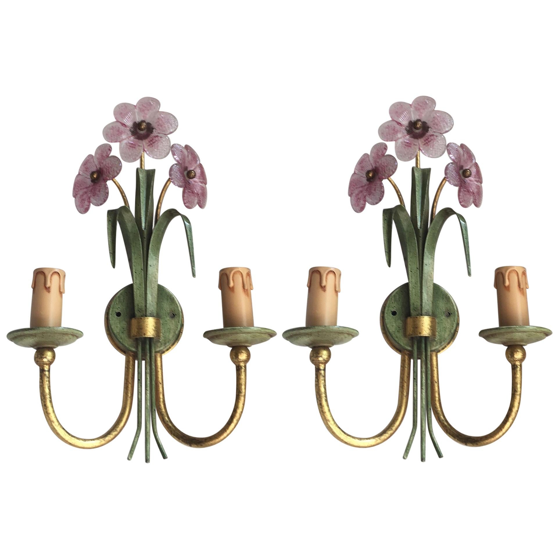 Pair of Banci Firenze Sconces Green Iron Gilt Arms and Pink Crystal Flowers 1980