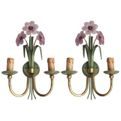 Pair of Banci Firenze Sconces Green Iron Gilt Arms and Pink Crystal Flowers 1980