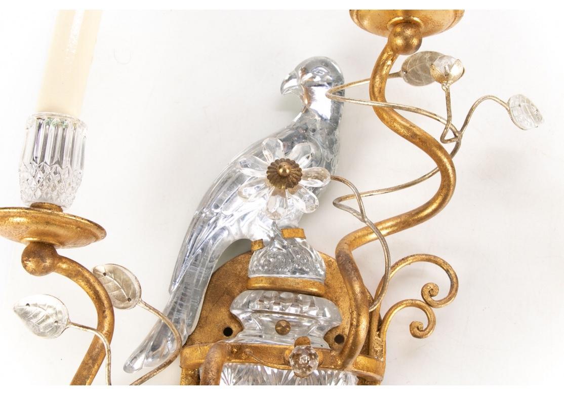 Pair of Banci, Italy Gilt and Crystal Sconces with Parrots 4