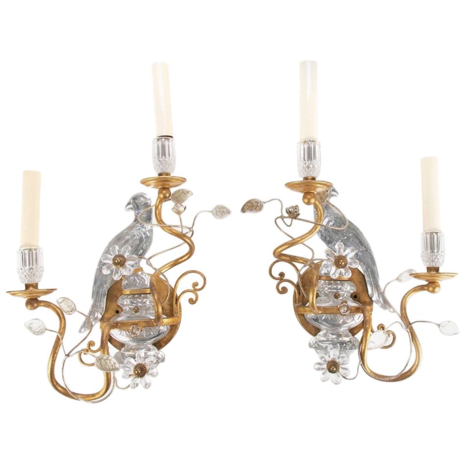 Pair of Banci, Italy Gilt and Crystal Sconces with Parrots