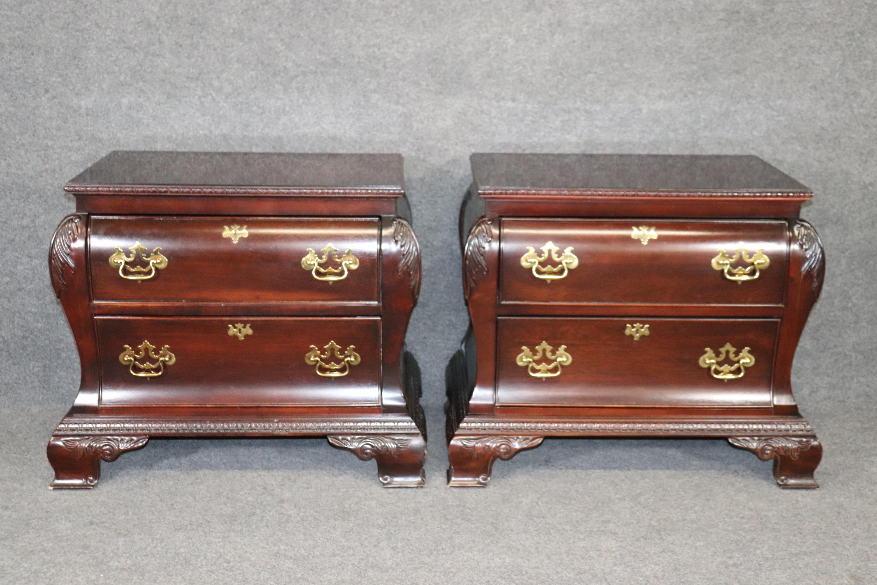 This is a pair of Chippendale rococo style mahogany nightstands by Century furniture. They are in good used condition with some signs of use including scratches and a cup ring. The stands measure 27 inches tall x 33 wide x 20 deep. They will be