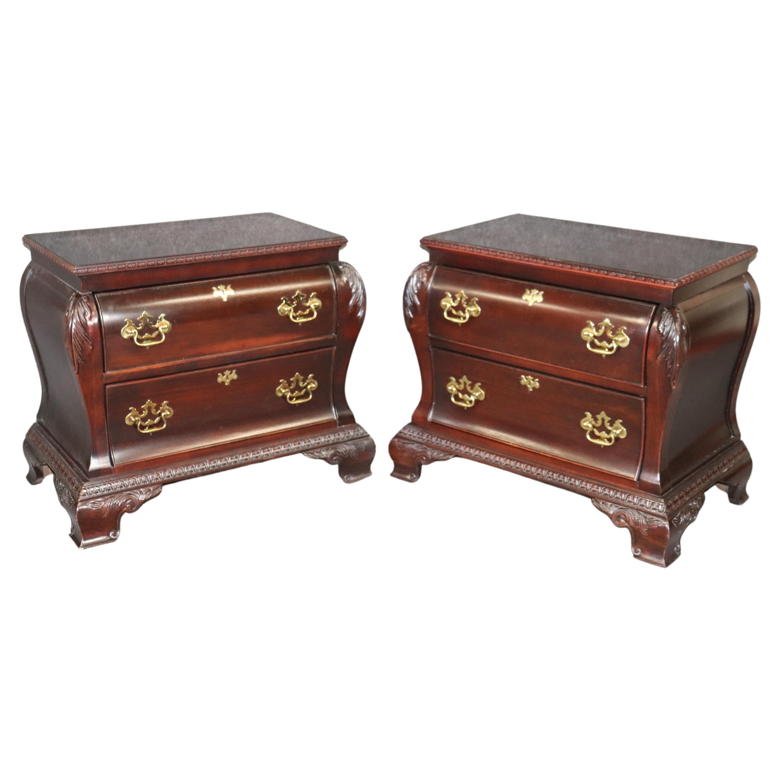 Pair of Banded Mahogany Chippendale Bombe Rococo Style Century Nightstands