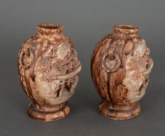 Pair of Banko Ware Vases with Temple and Pagoda Decoration