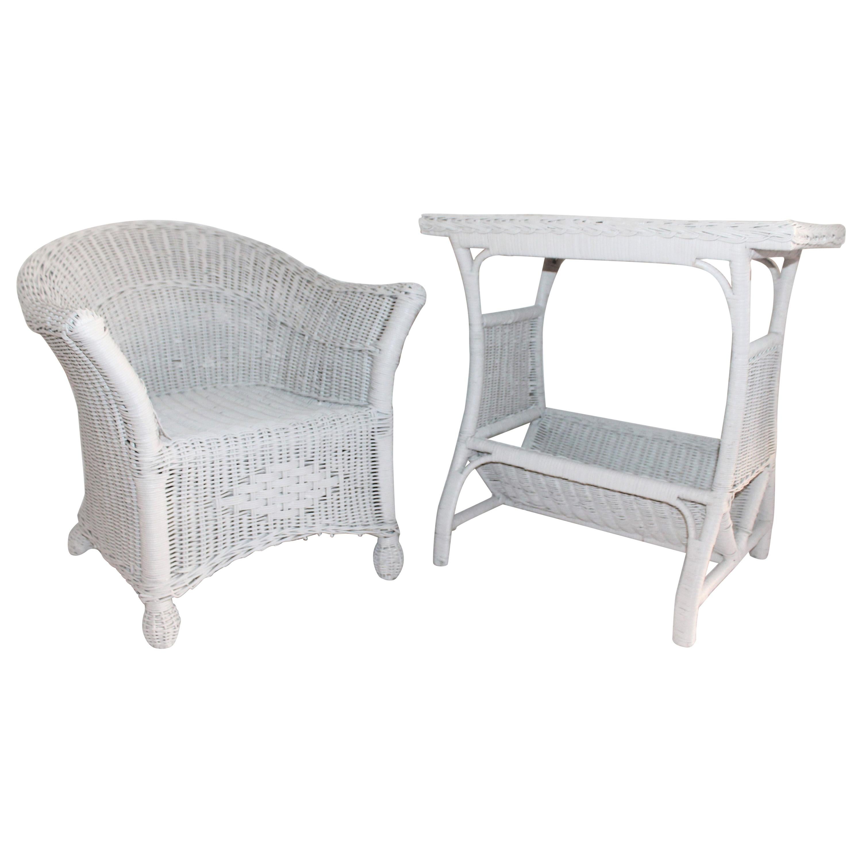 Pair of Bar Harbor Wicker Child's Chair and Side Table