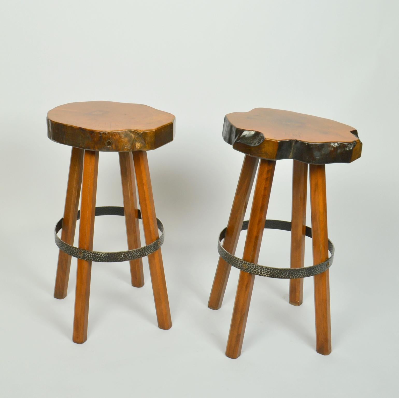 Hand-Crafted Pair of Bar Stools Handcrafted Burr Wood, 1970s 