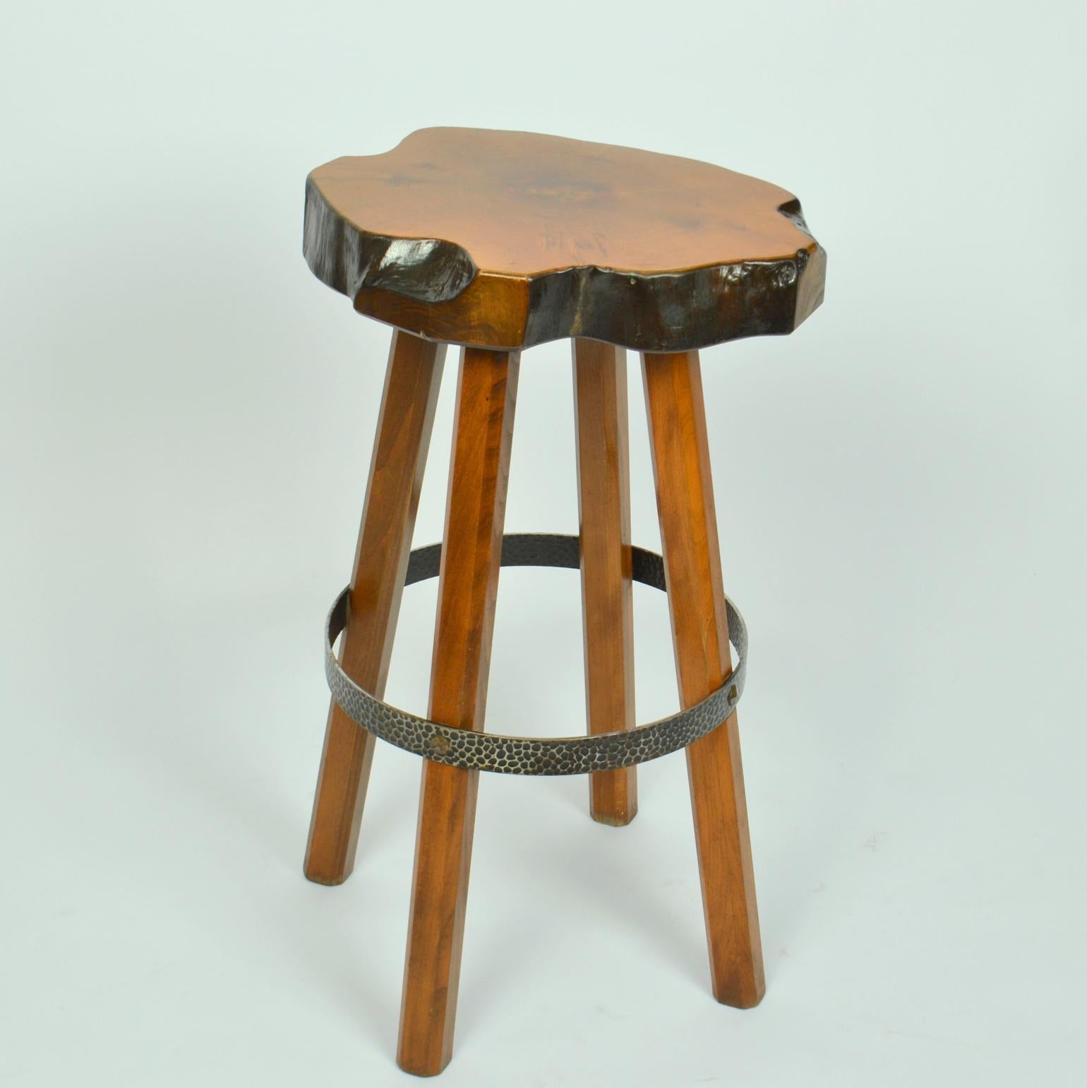 Steel Pair of Bar Stools Handcrafted Burr Wood, 1970s 