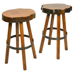 Pair of Bar Stools Handcrafted Burr Wood, 1970s 