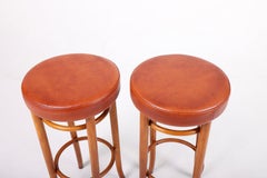 Pair of Bar Stools in Beech and Patinated Leather by Fritz Hansen, 1940s