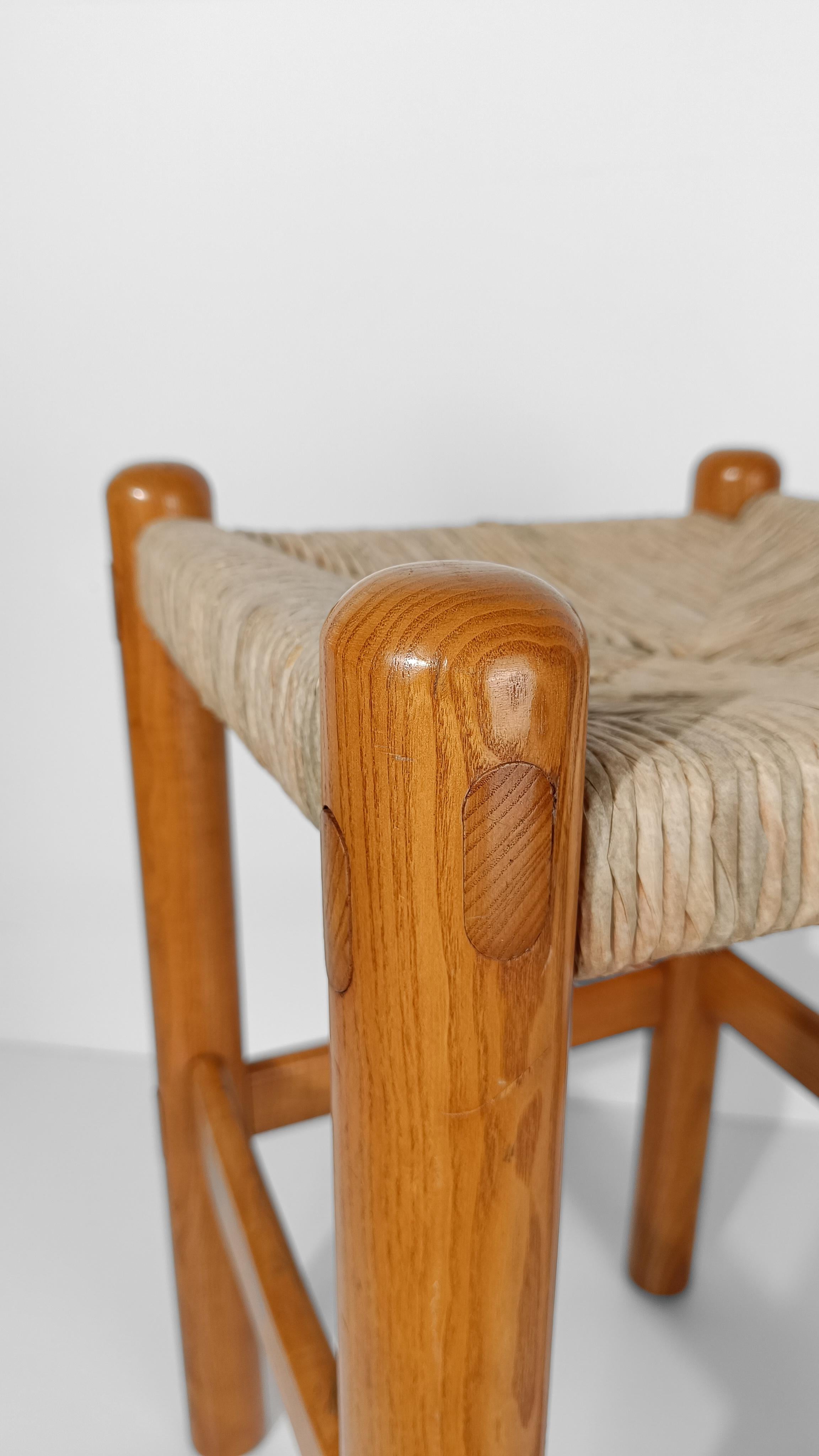 Pair of Bar Stools in Rush and Solid Ash Wood, Charlotte Perriand's Style, 60s 4
