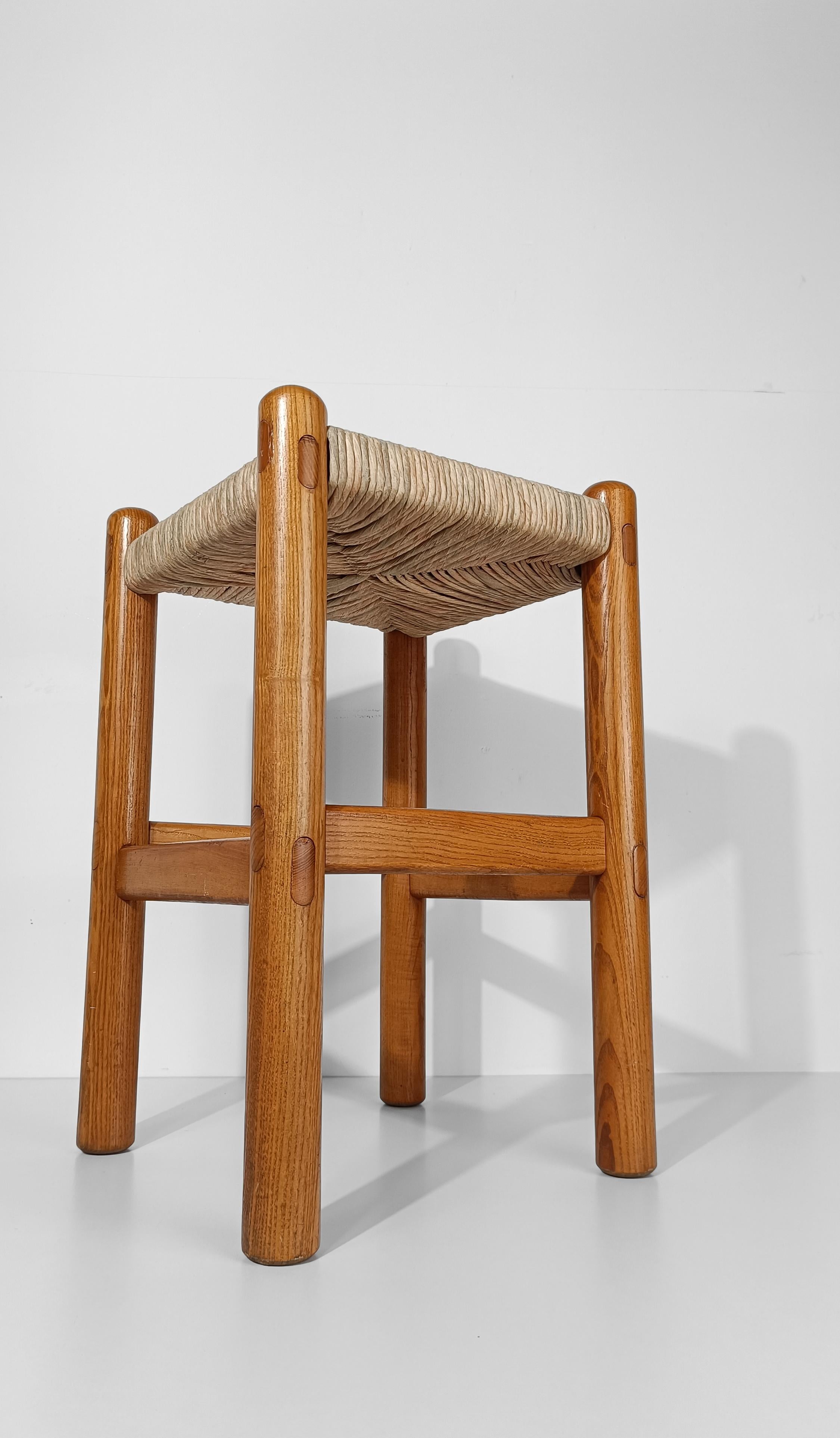 Pair of Bar Stools in Rush and Solid Ash Wood, Charlotte Perriand's Style, 60s 5