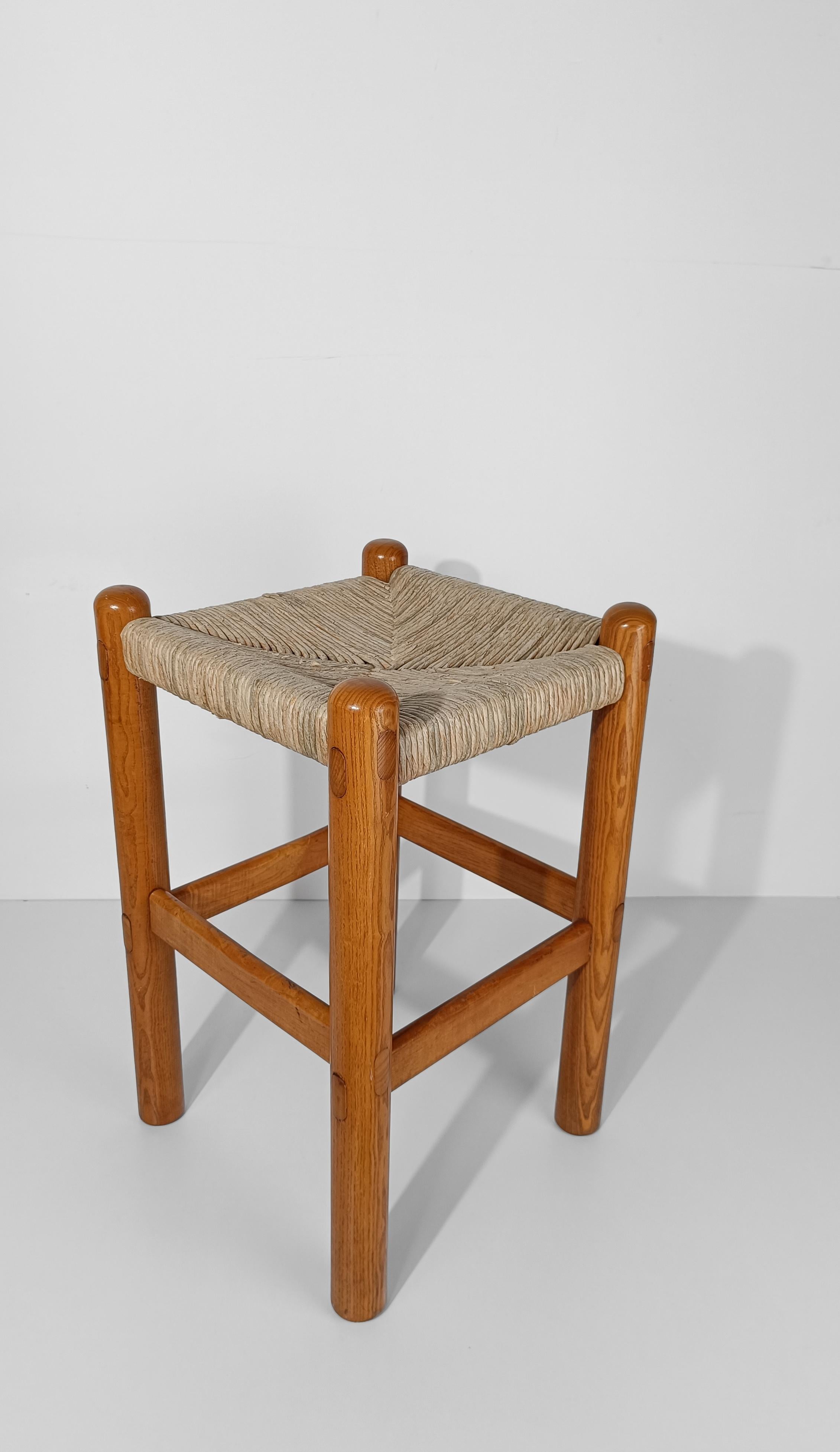 Pair of Bar Stools in Rush and Solid Ash Wood, Charlotte Perriand's Style, 60s 7