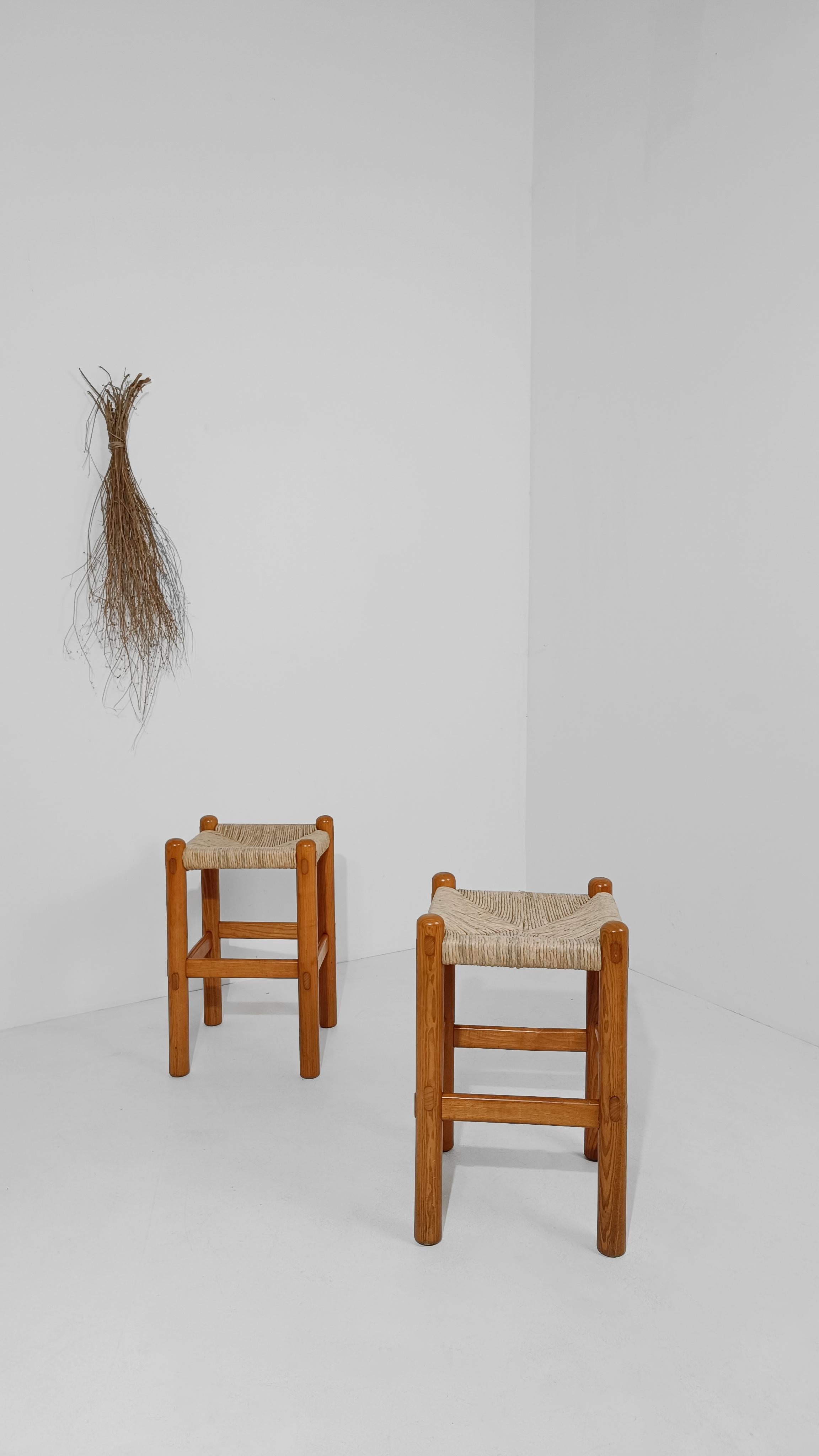Pair of Bar Stools in Rush and Solid Ash Wood, Charlotte Perriand's Style, 60s 8