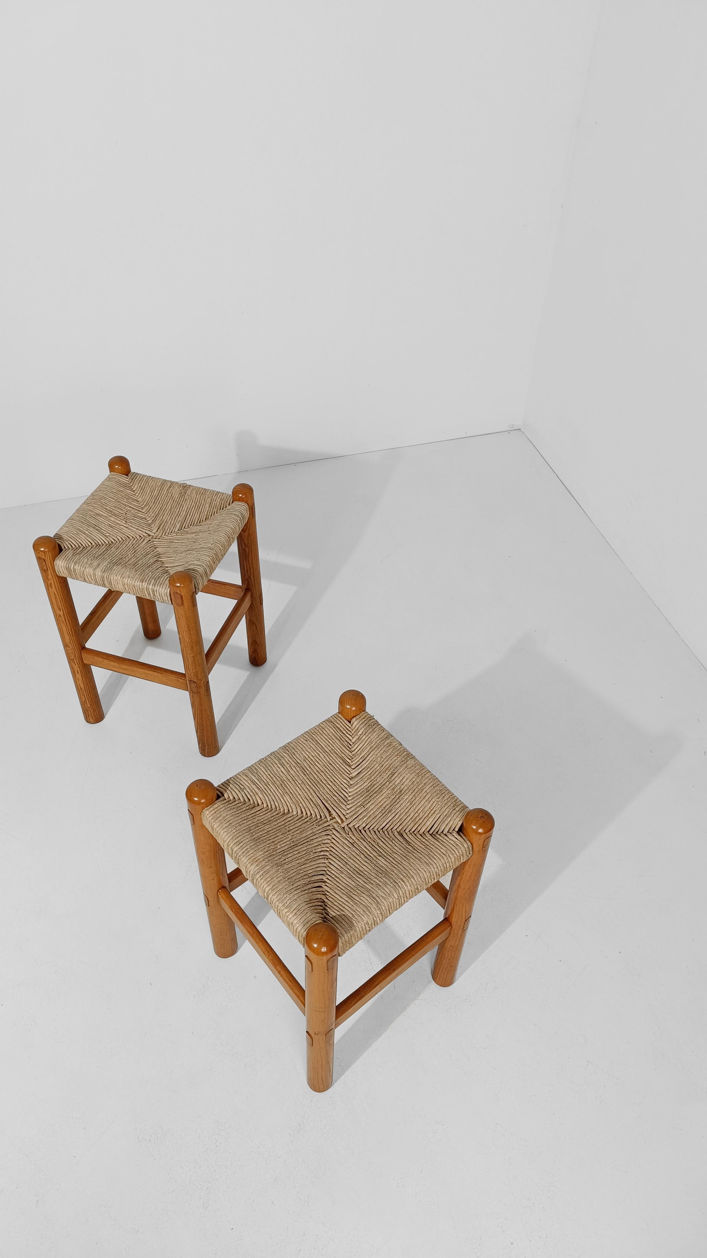 Rustic Pair of Bar Stools in Rush and Solid Ash Wood, Charlotte Perriand's Style, 60s