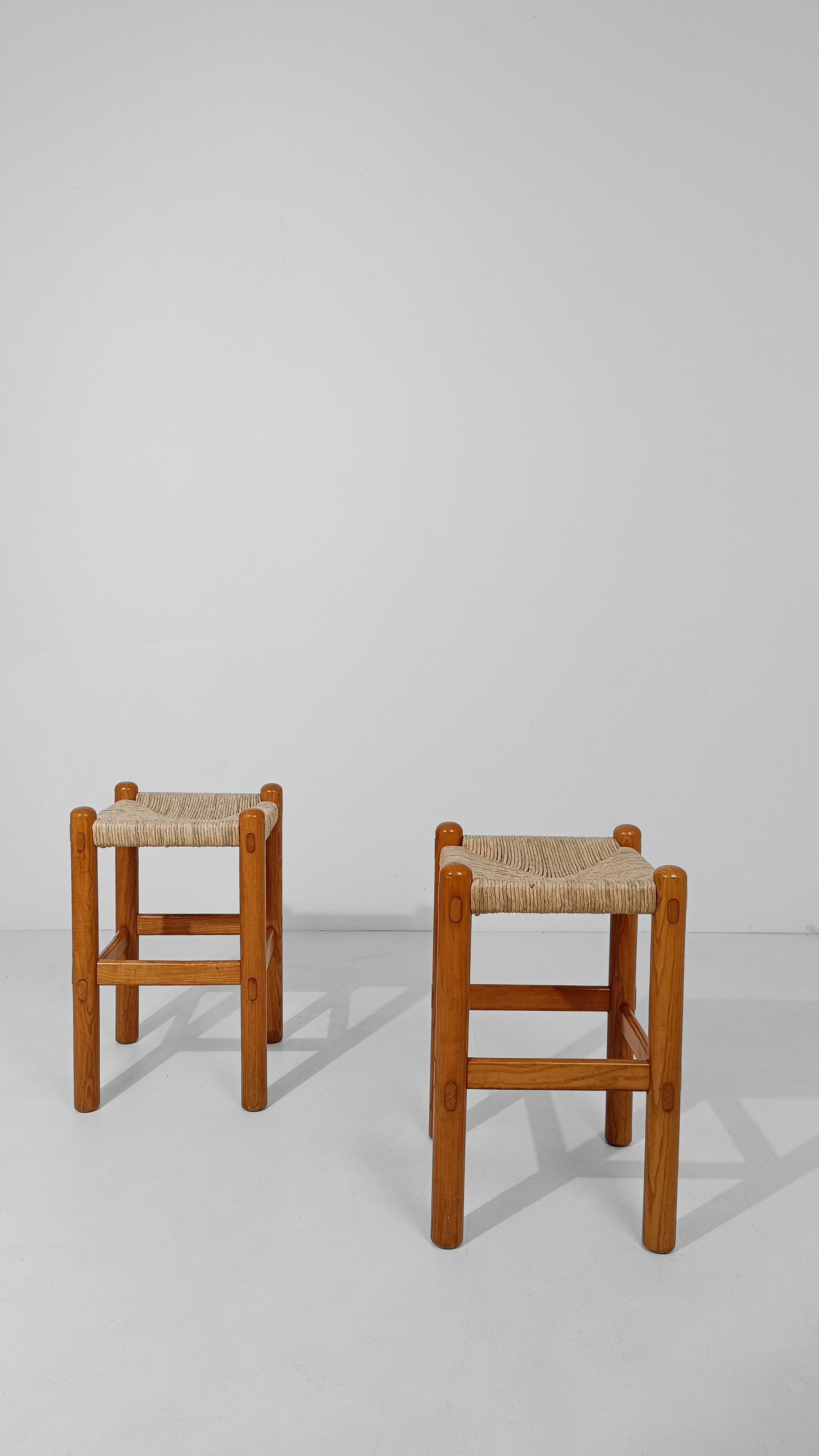 French Pair of Bar Stools in Rush and Solid Ash Wood, Charlotte Perriand's Style, 60s