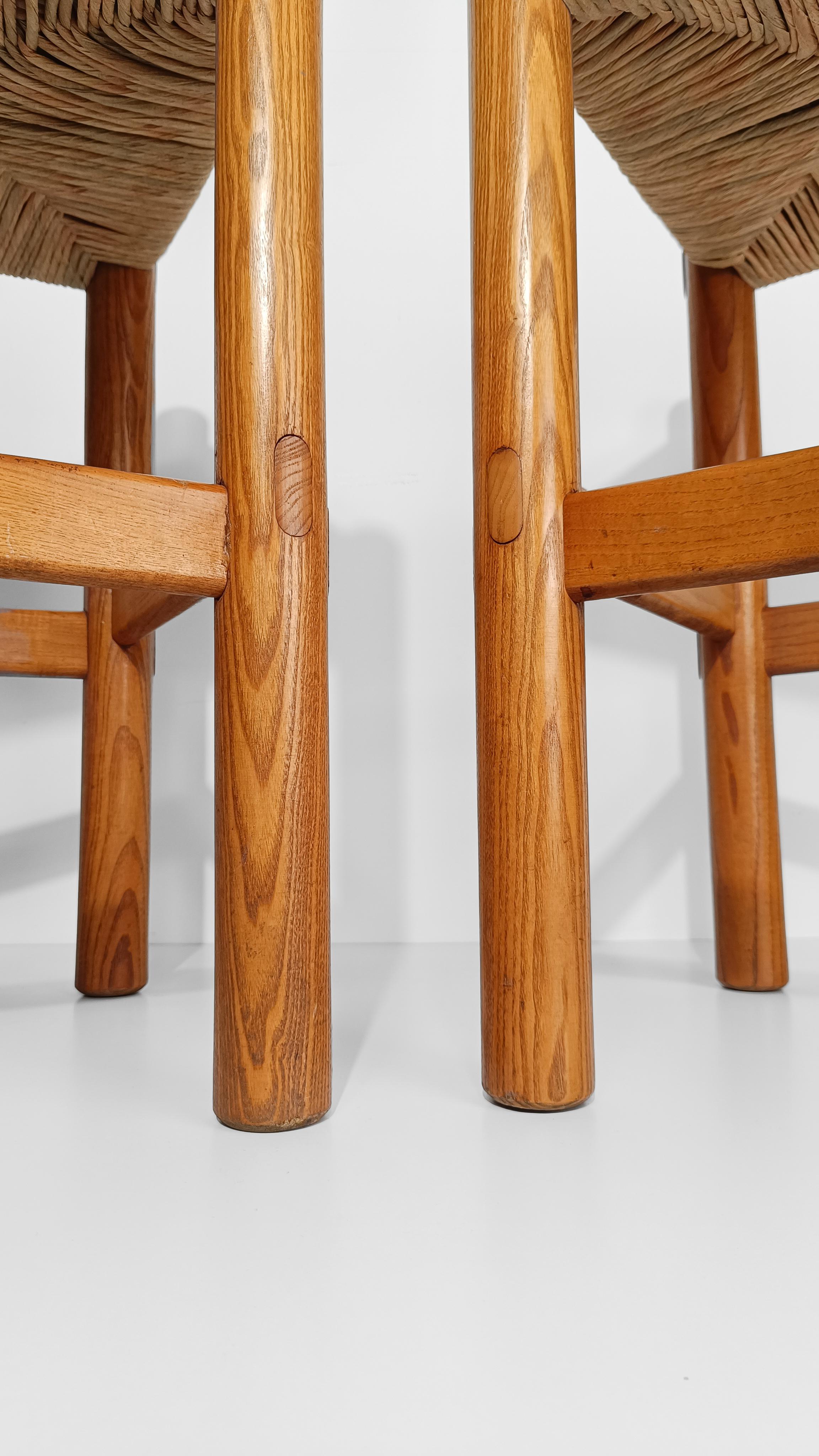 20th Century Pair of Bar Stools in Rush and Solid Ash Wood, Charlotte Perriand's Style, 60s