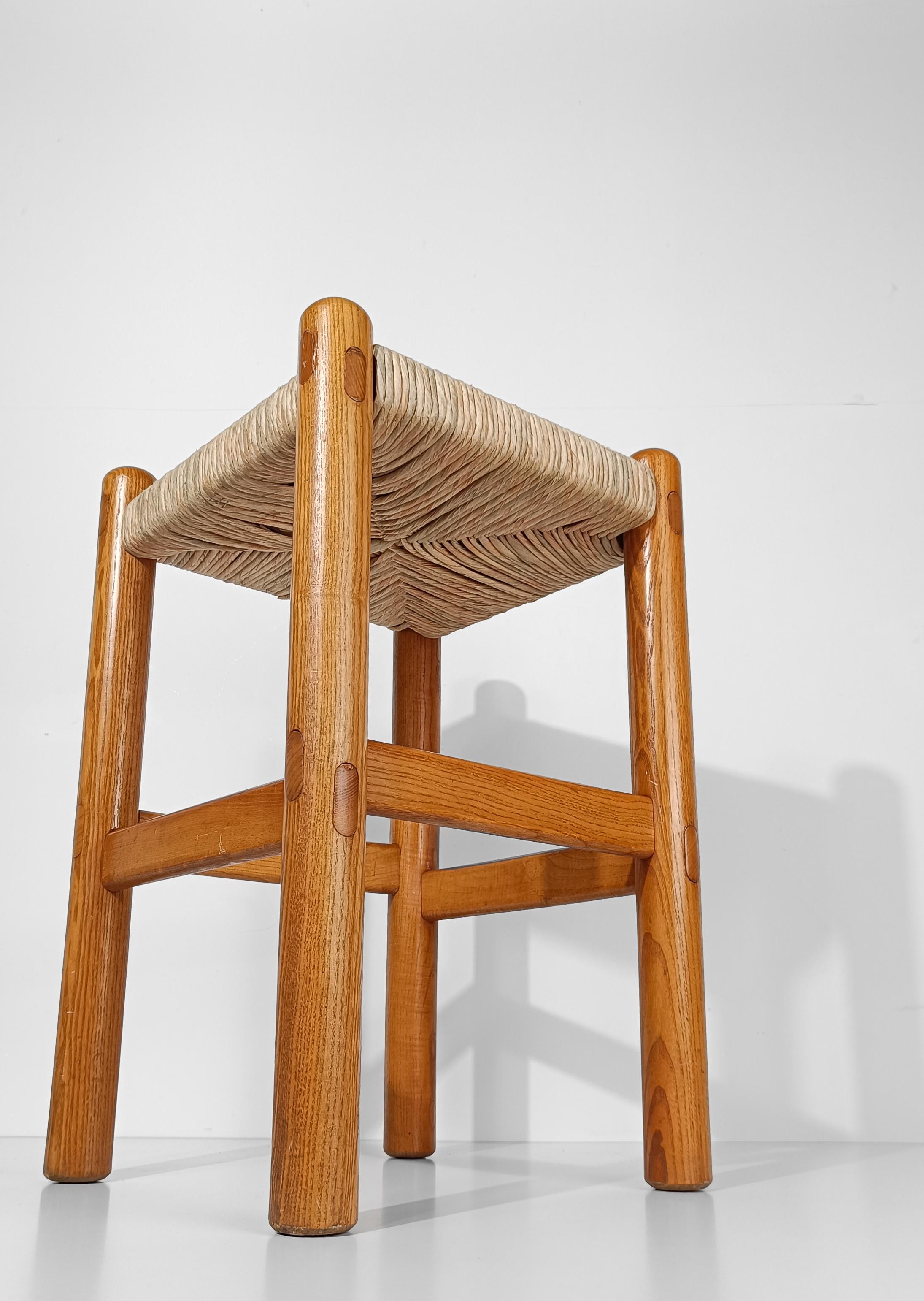 Straw Pair of Bar Stools in Rush and Solid Ash Wood, Charlotte Perriand's Style, 60s
