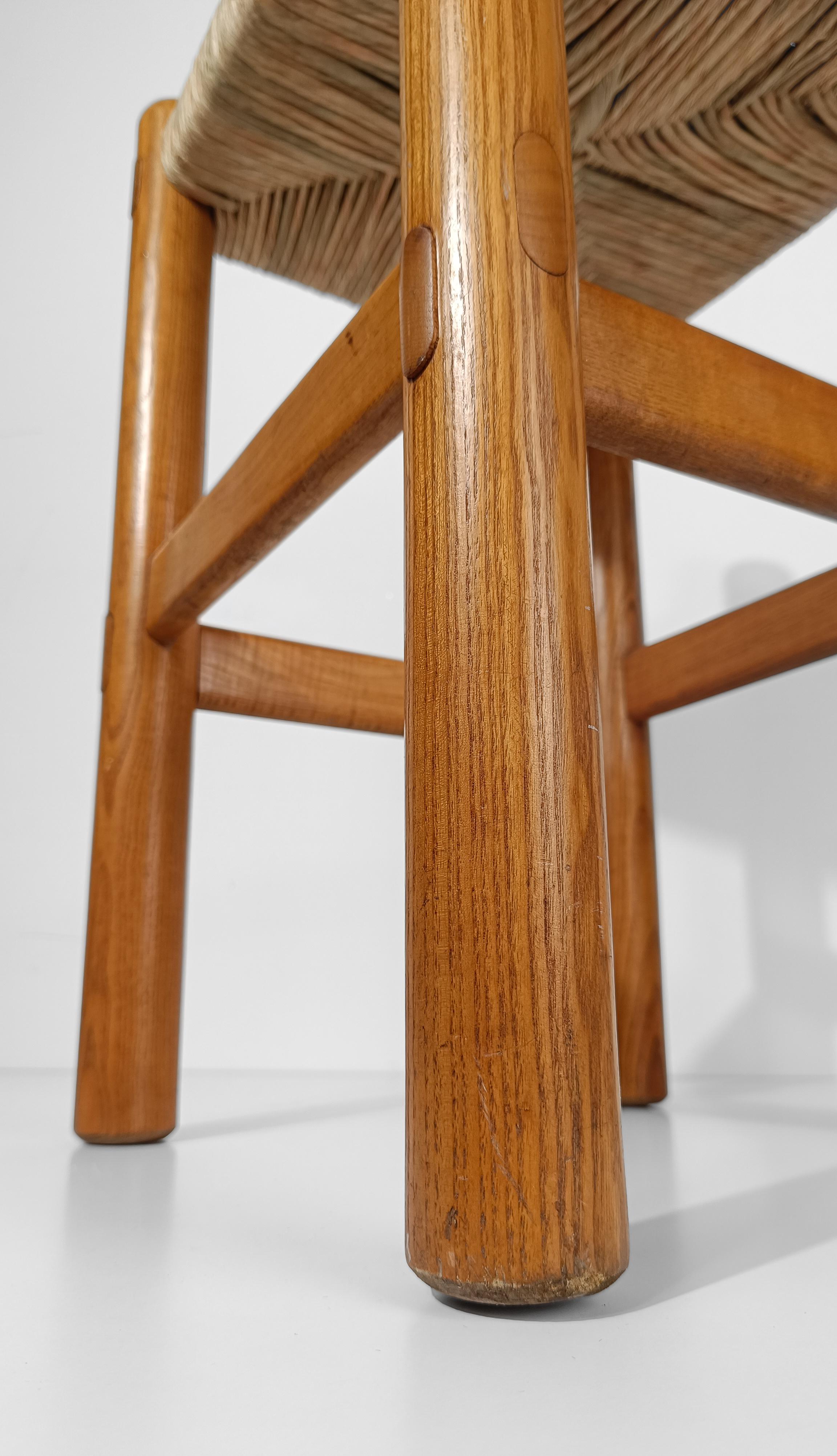 Pair of Bar Stools in Rush and Solid Ash Wood, Charlotte Perriand's Style, 60s 1