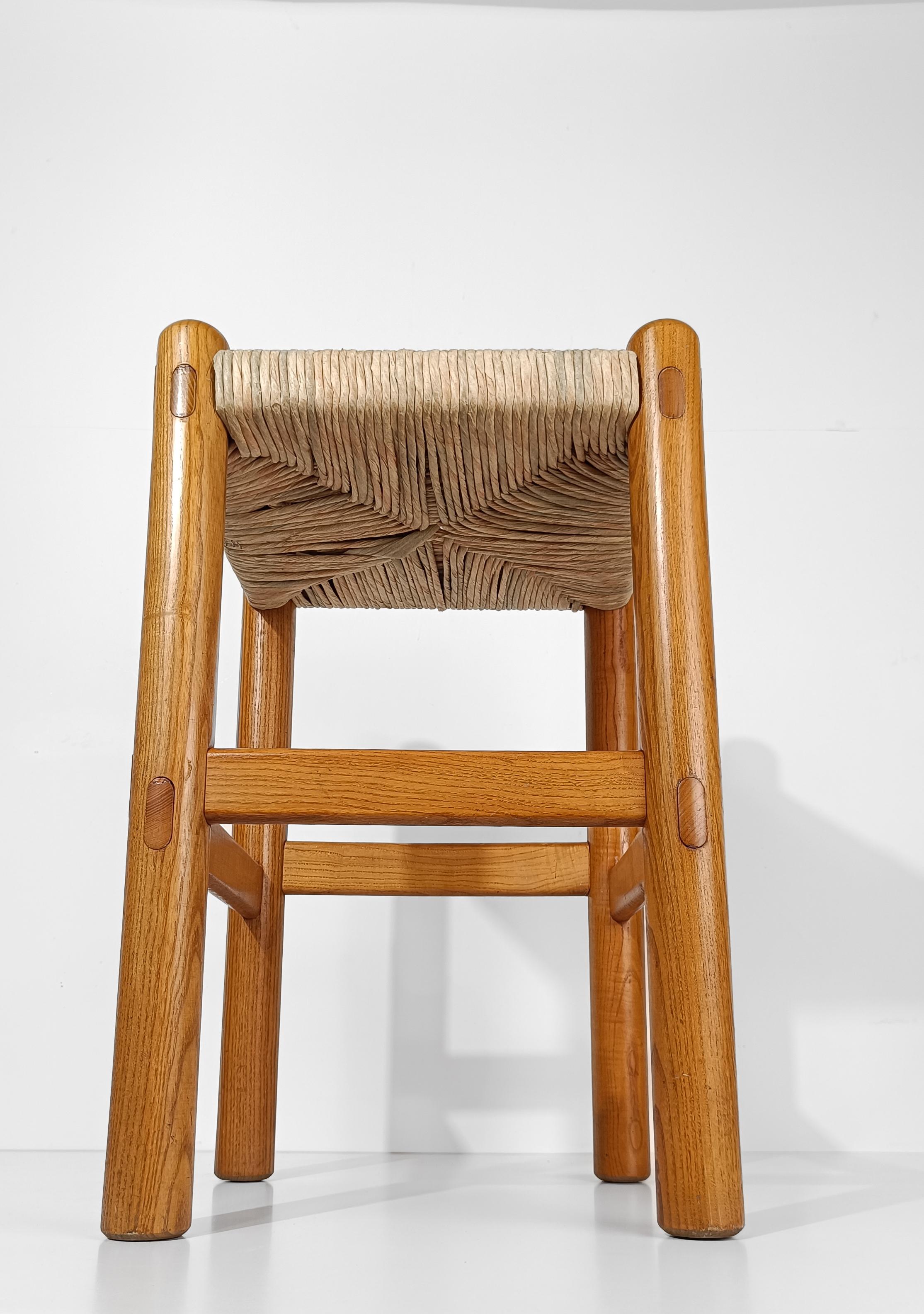 Pair of Bar Stools in Rush and Solid Ash Wood, Charlotte Perriand's Style, 60s 2