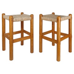 Pair of Bar Stools in Rush and Solid Ash Wood, Charlotte Perriand's Style, 60s