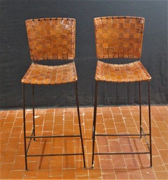 Pair of Bar Stools in Woven Saddle Brown Leather