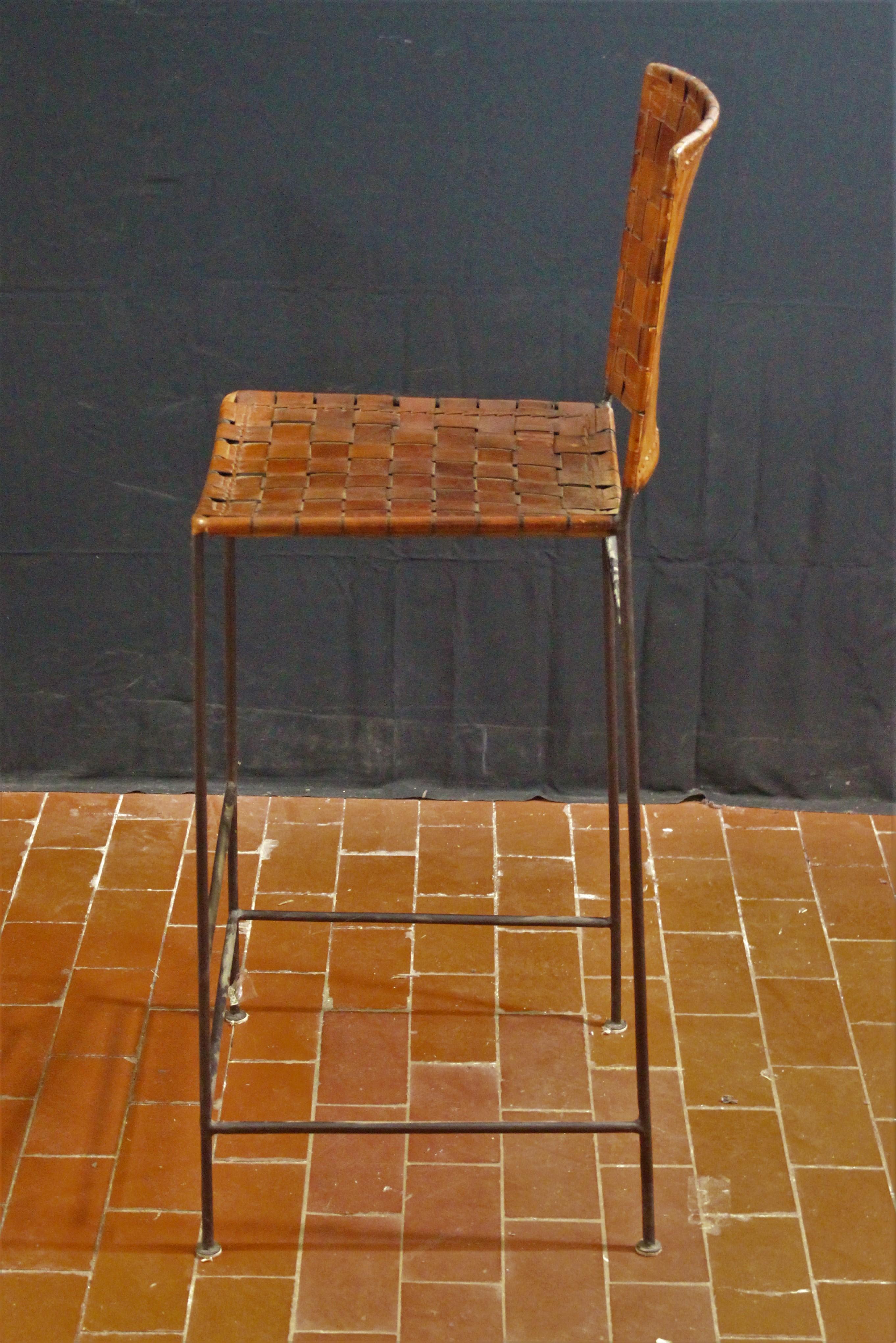 Spanish Pair of Bar Stools in Woven Saddle Brown Leather