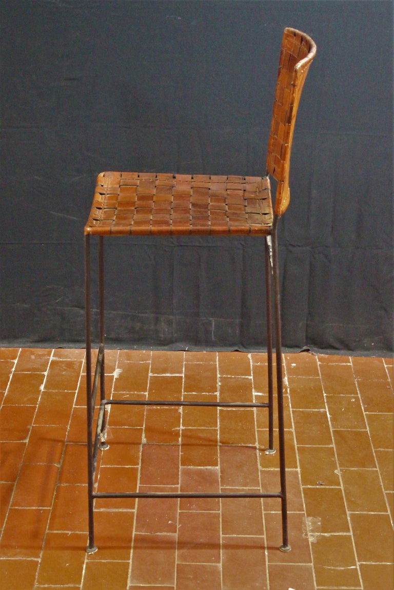 Pair of Bar Stools in Woven Saddle Brown Leather at 1stDibs