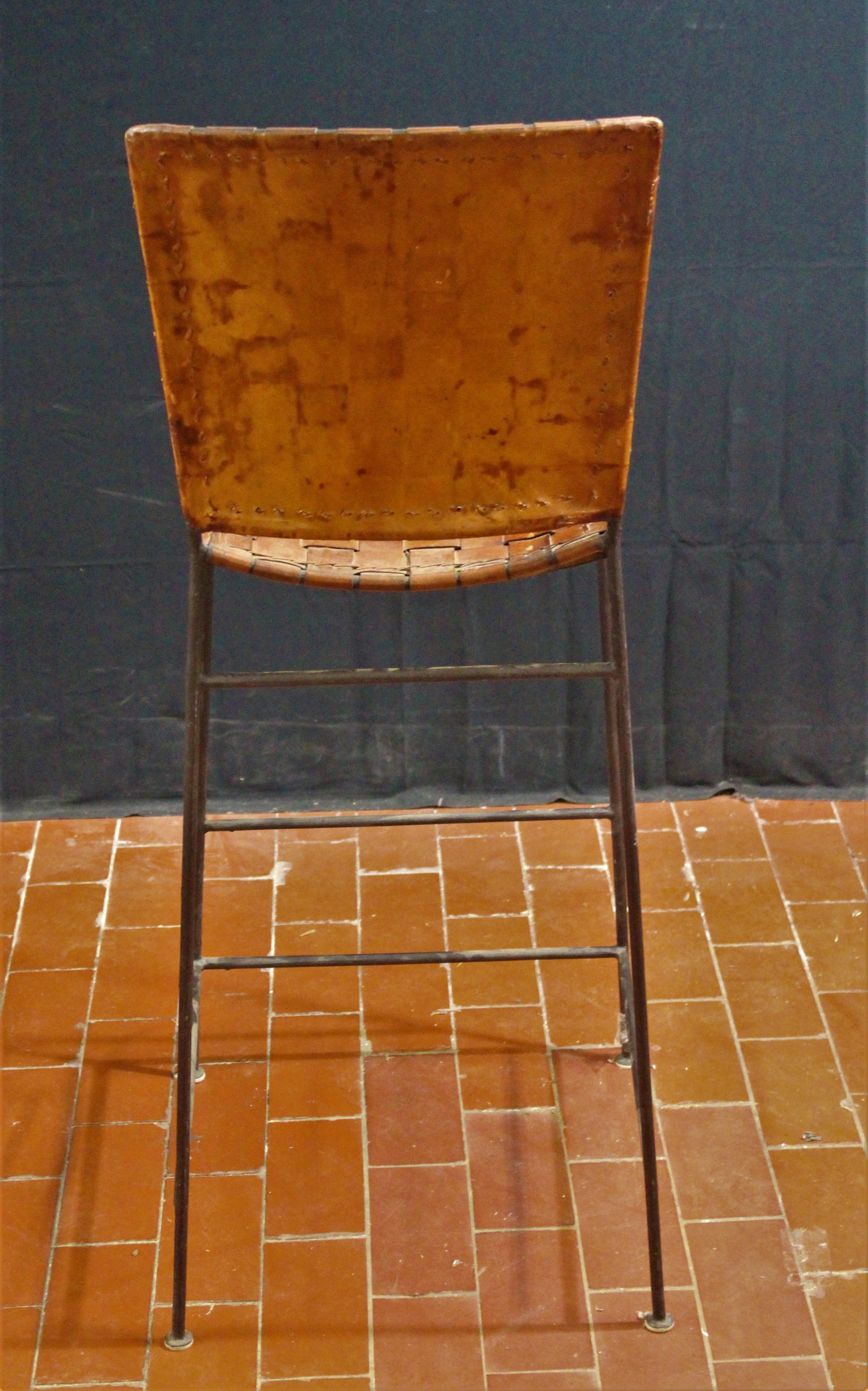 Pair of Bar Stools in Woven Saddle Brown Leather In New Condition In Bronx, NY
