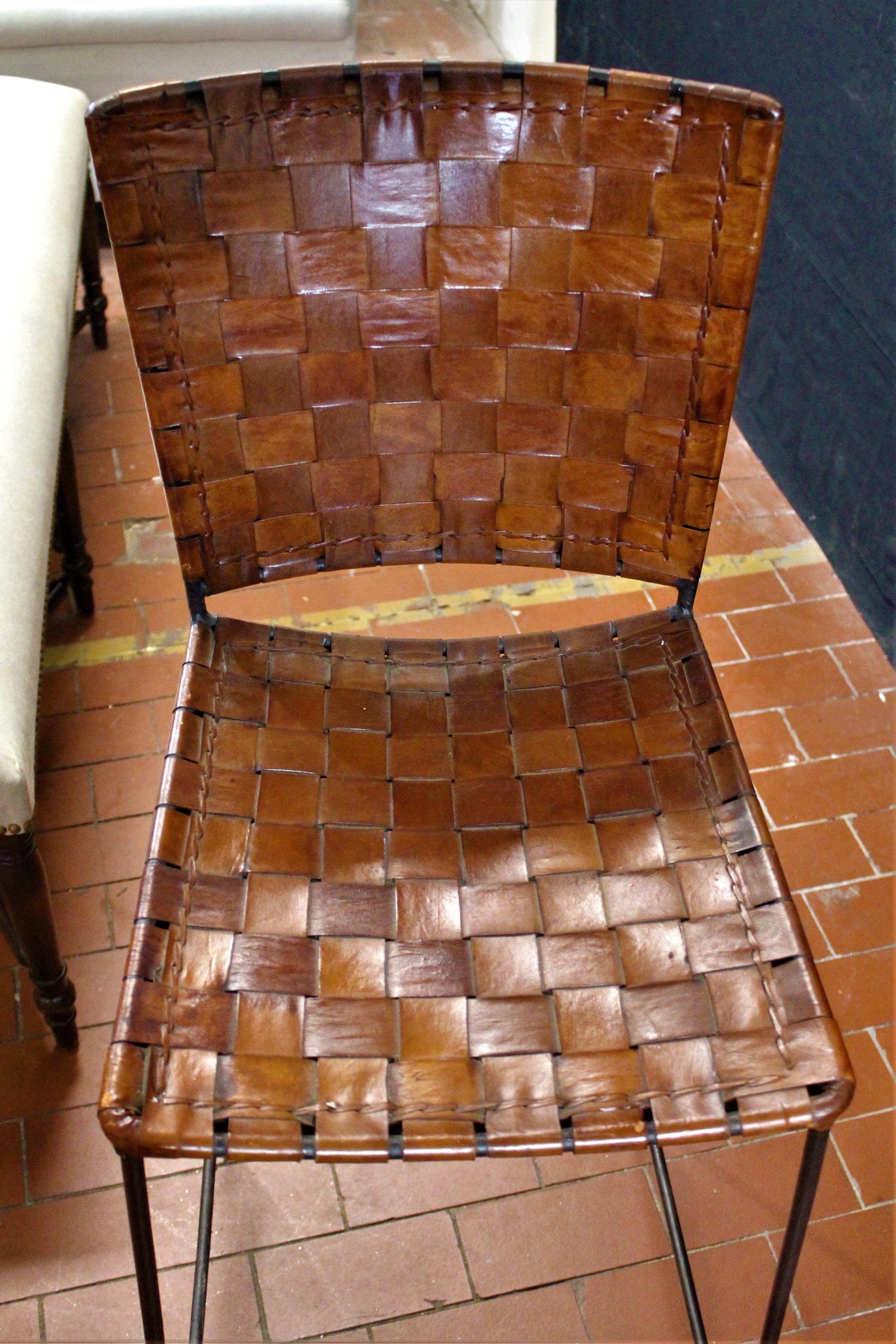 Contemporary Pair of Bar Stools in Woven Saddle Brown Leather