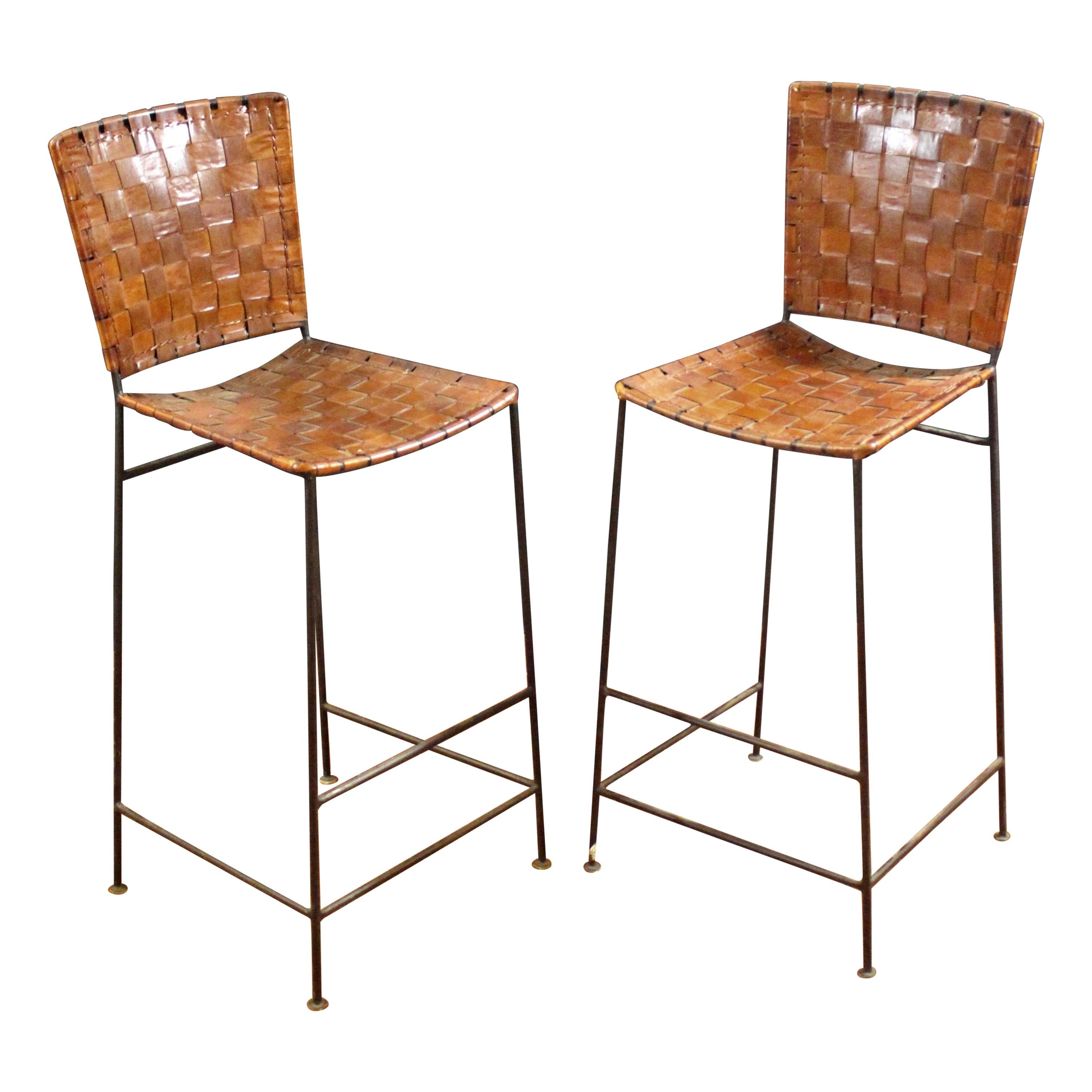 Pair of Bar Stools in Woven Saddle Brown Leather