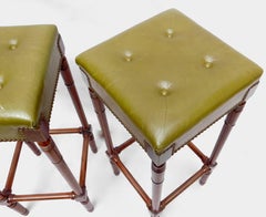Pair of Bar Stools with Buttoned Leather Upholstered Seats and Nail Head Edging