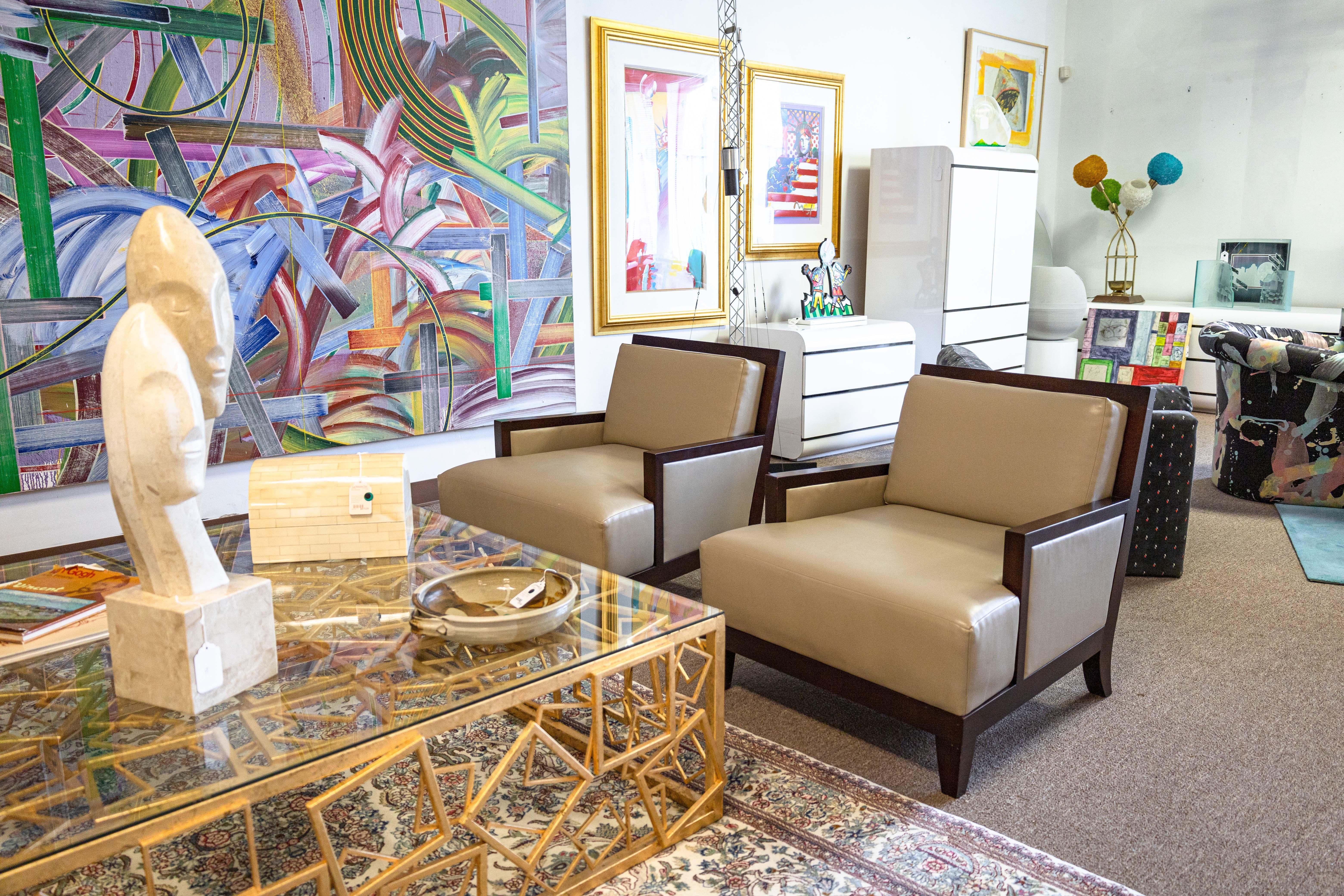 Pair of Barbara Barry for Baker Boxback Leather and Wood Accent Lounge Chairs 7