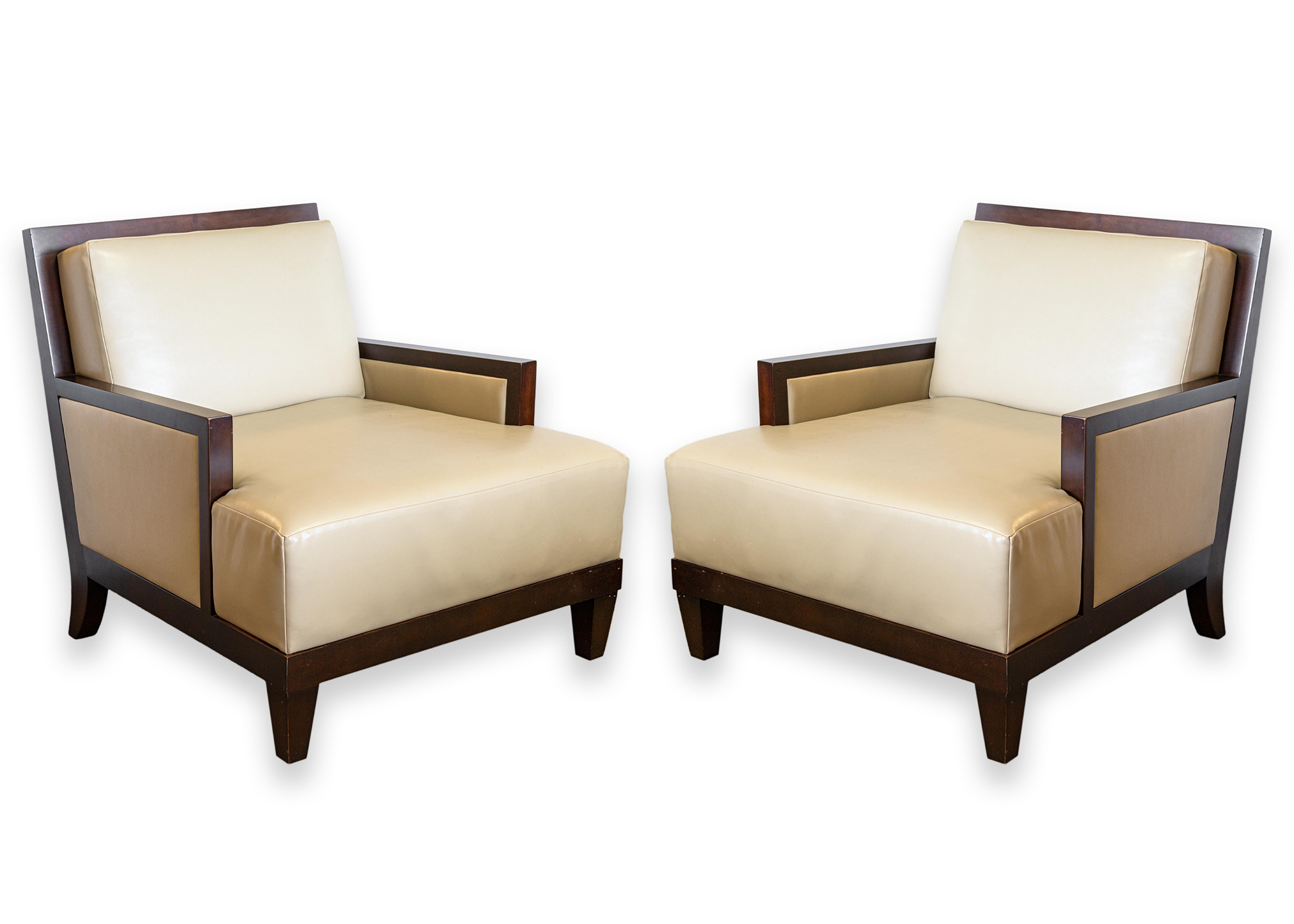 Pair of Barbara Barry for Baker Boxback Leather and Wood Accent Lounge Chairs 8