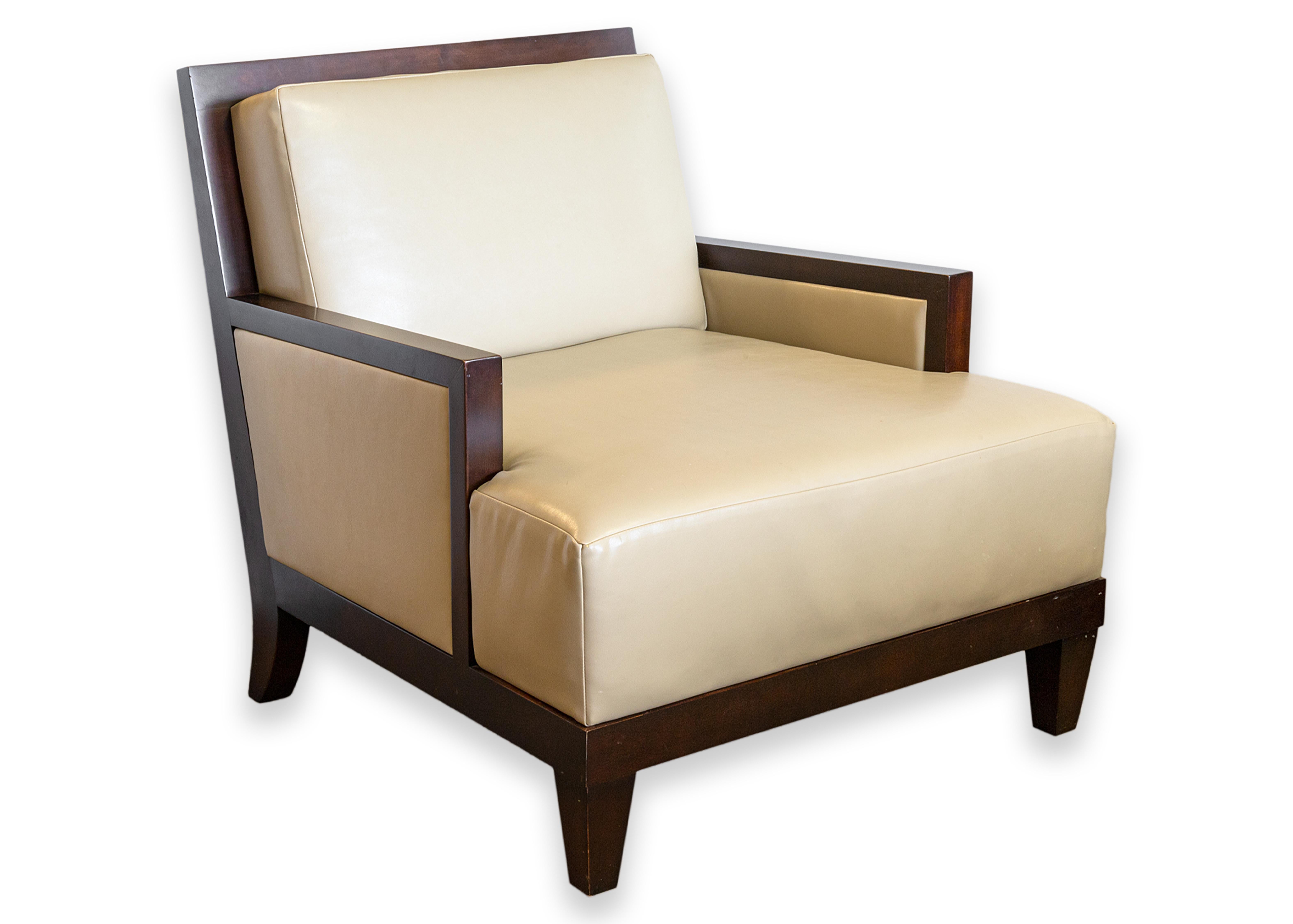 Unknown Pair of Barbara Barry for Baker Boxback Leather and Wood Accent Lounge Chairs