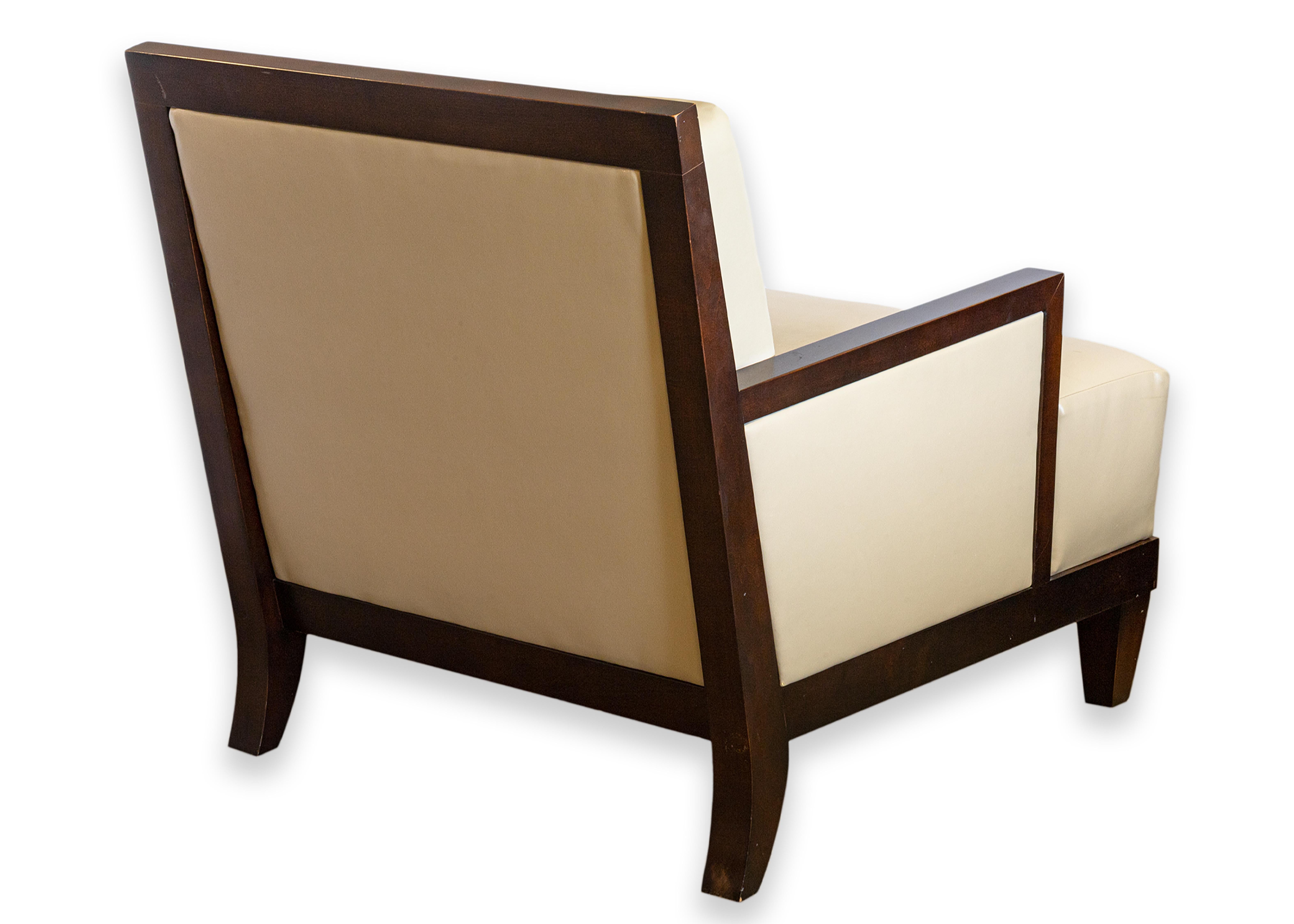 Pair of Barbara Barry for Baker Boxback Leather and Wood Accent Lounge Chairs In Good Condition In Keego Harbor, MI