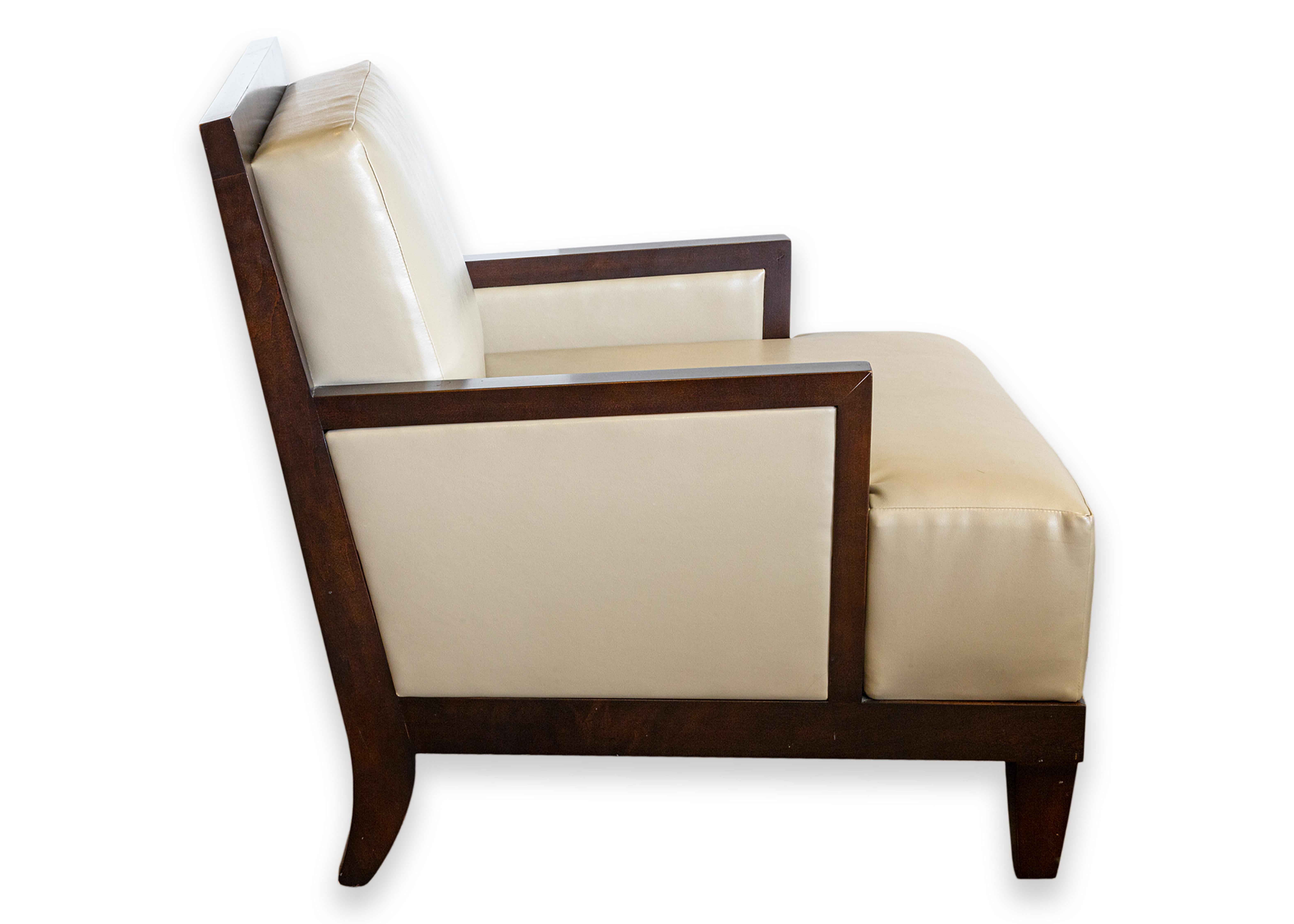 20th Century Pair of Barbara Barry for Baker Boxback Leather and Wood Accent Lounge Chairs